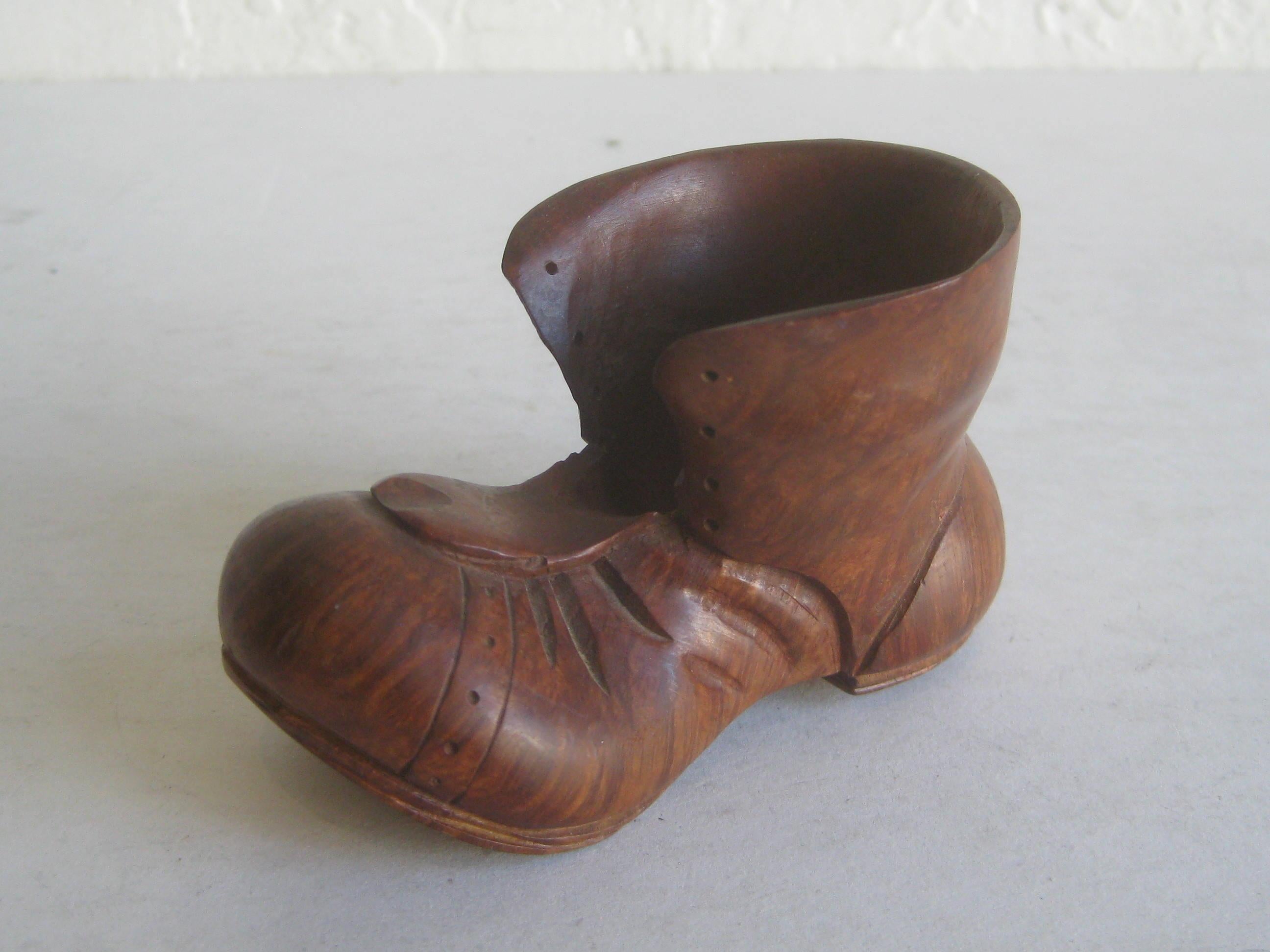 Beautiful antique French hand carved burl wood figural boot/shoe pipe stand or holder. Made in France and is marked on the bottom. High quality and carved well. Burl has wonderful color and grain. Very nice piece. Measures approximate: 3 3/4