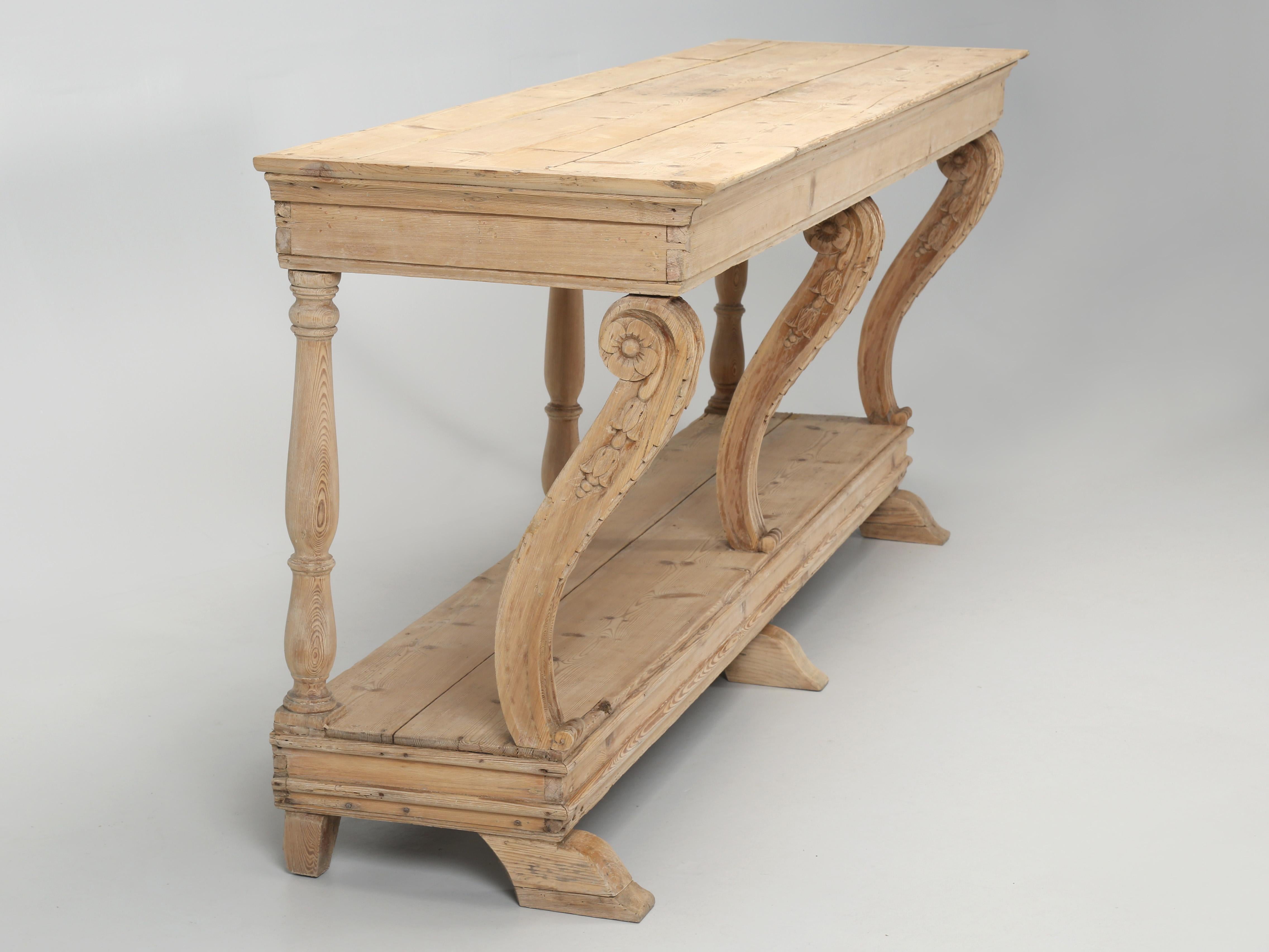 Country Antique French Hand-Carved Console Table in Stripped Pine Circa Late, 1800's