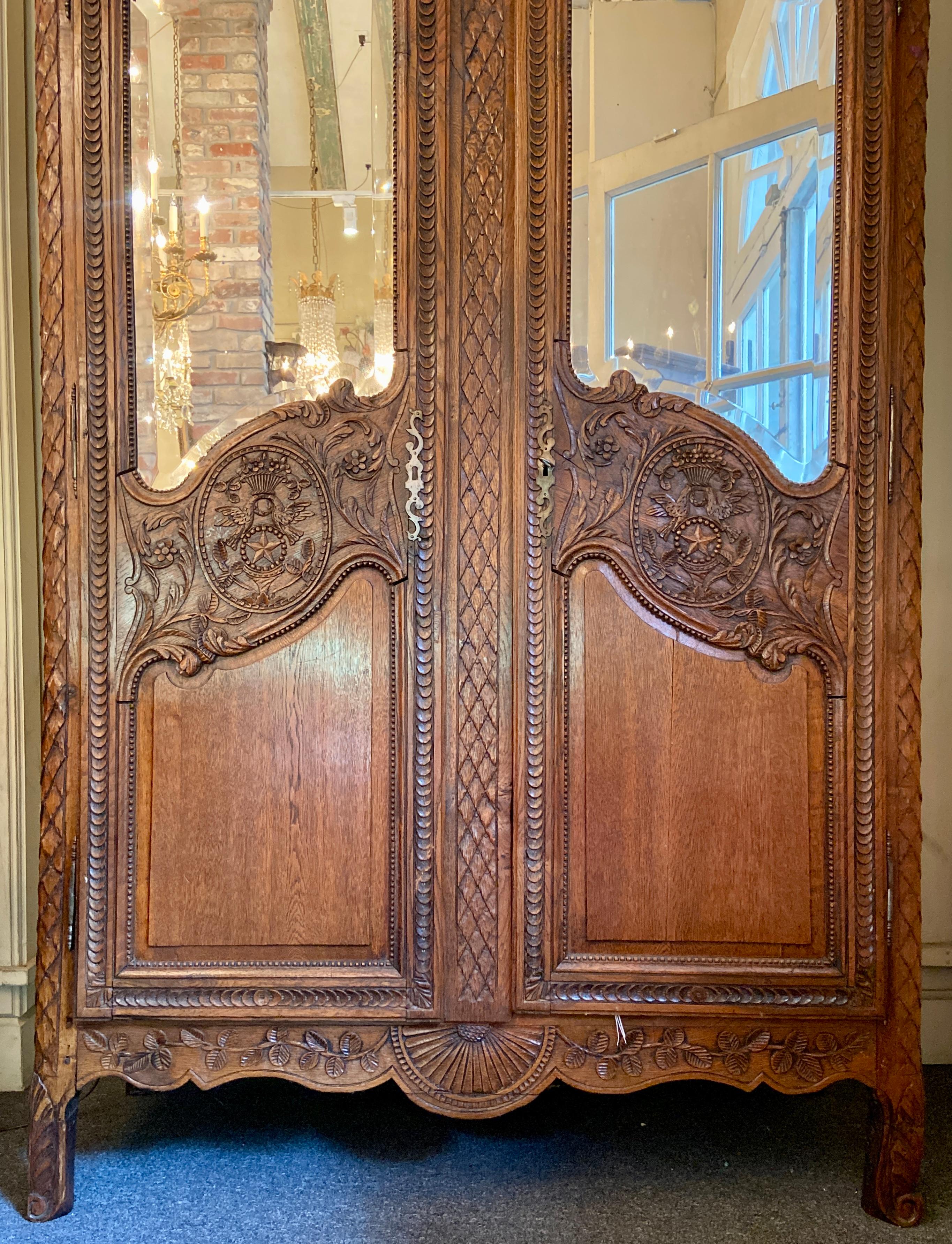 Antique French Hand-Carved Elm & Beveled Mirror 