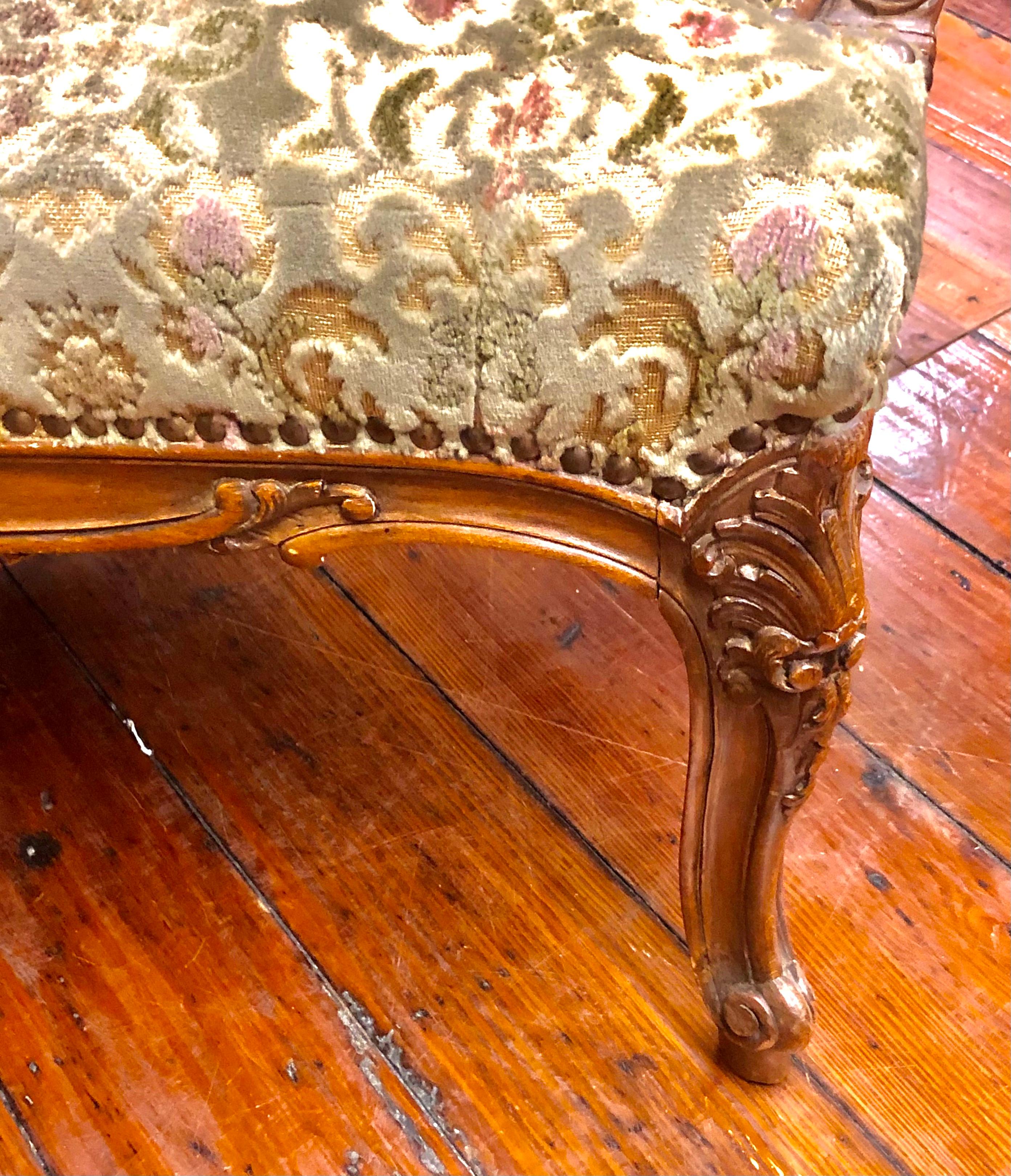 Hand-Carved Antique French Hand Carved Fruitwood Louis XV Style Sofa or Loveseat, Cut Velvet