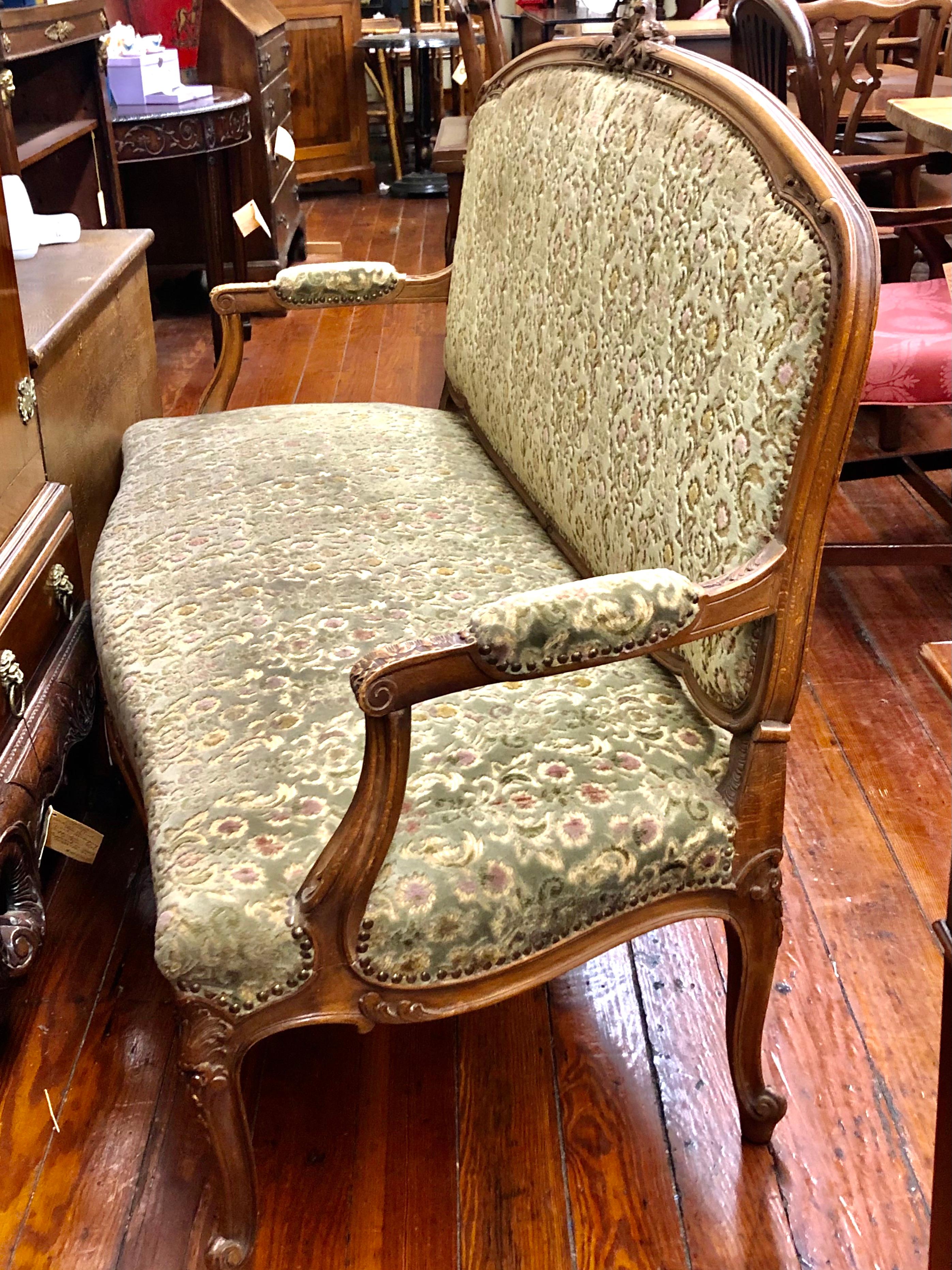 Antique French Hand Carved Fruitwood Louis XV Style Sofa or Loveseat, Cut Velvet In Good Condition In Charleston, SC