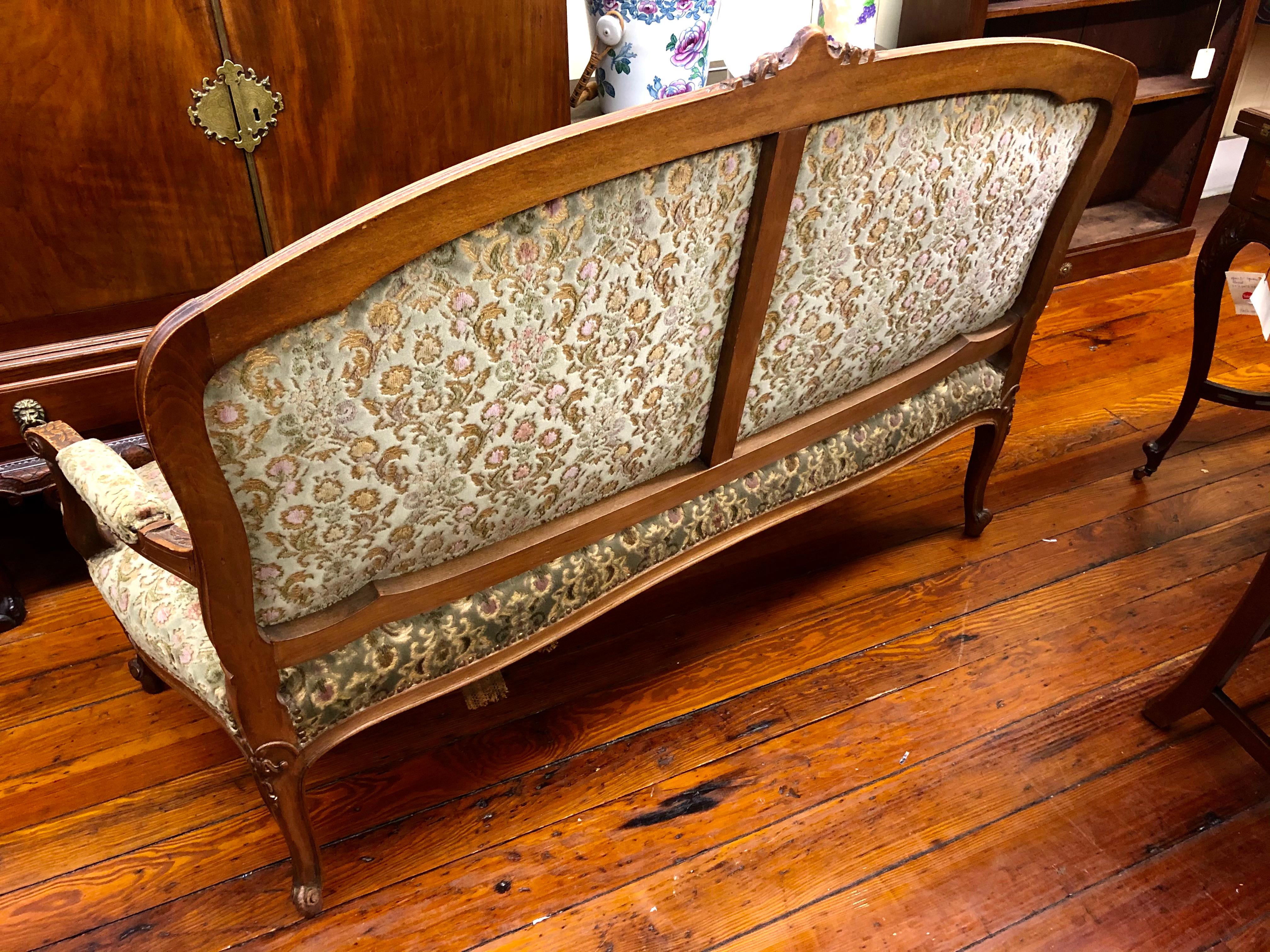 19th Century Antique French Hand Carved Fruitwood Louis XV Style Sofa or Loveseat, Cut Velvet