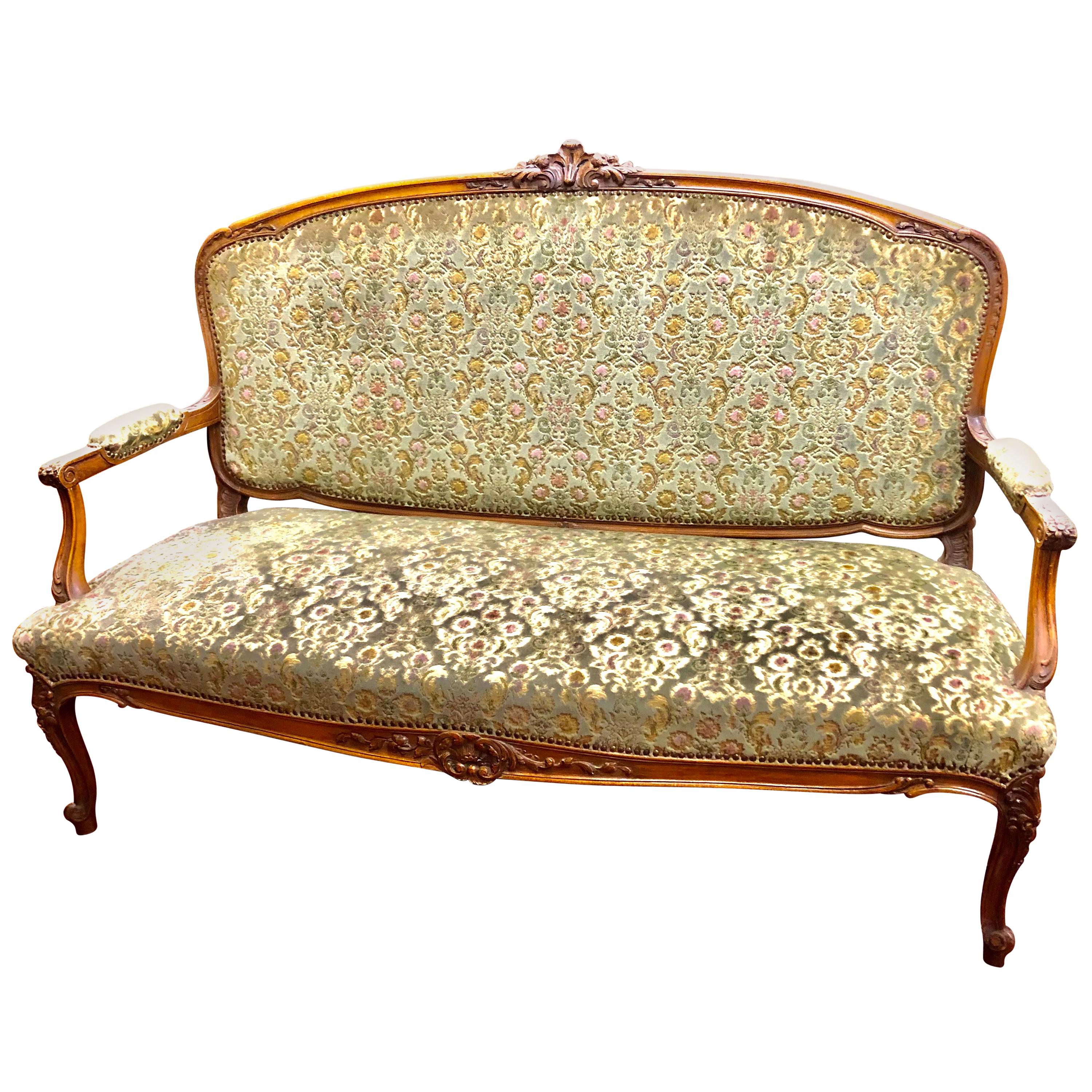 Antique French Hand Carved Fruitwood Louis XV Style Sofa or Loveseat, Cut Velvet