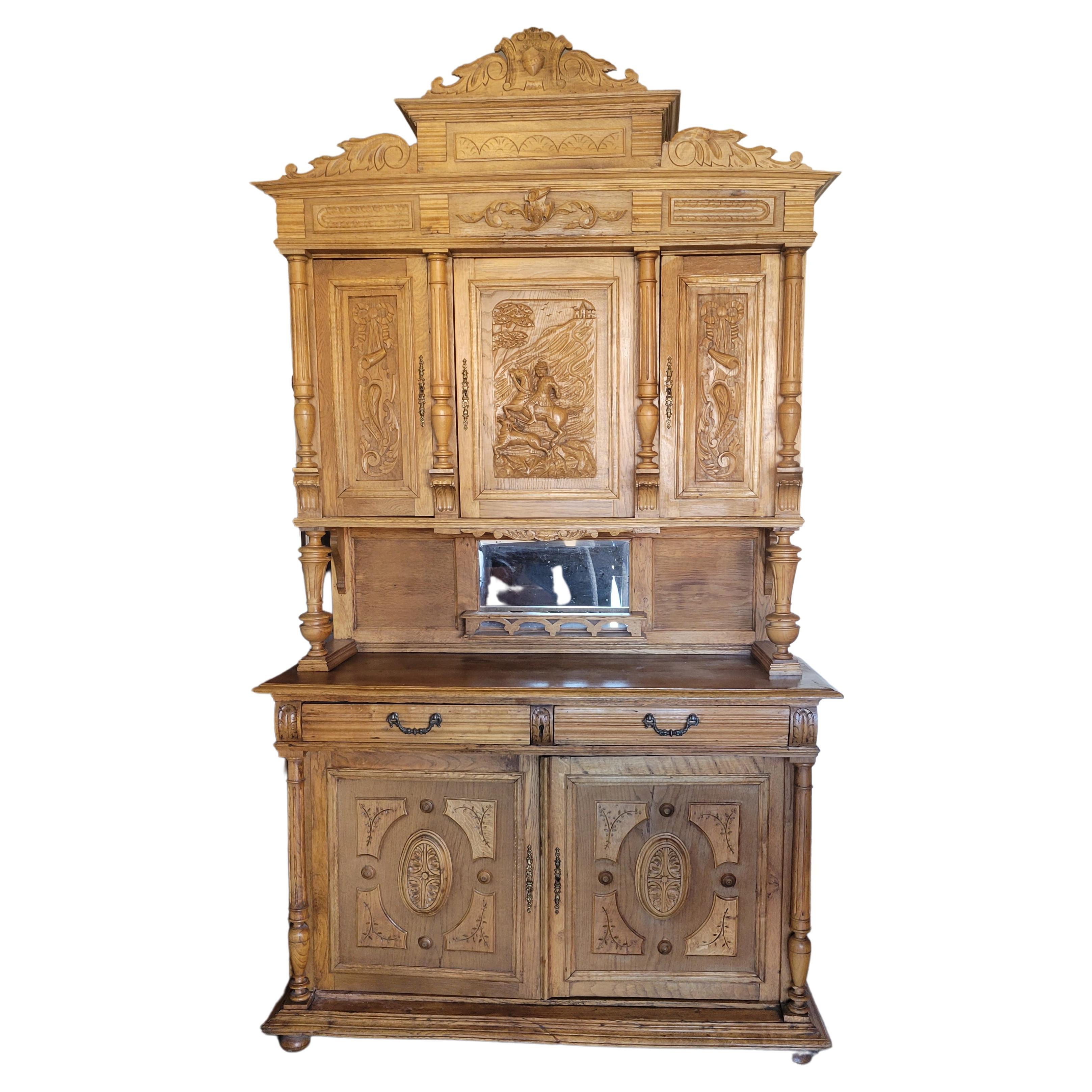 Antique French Hand-Carved Hunting Hutch, circa 1880