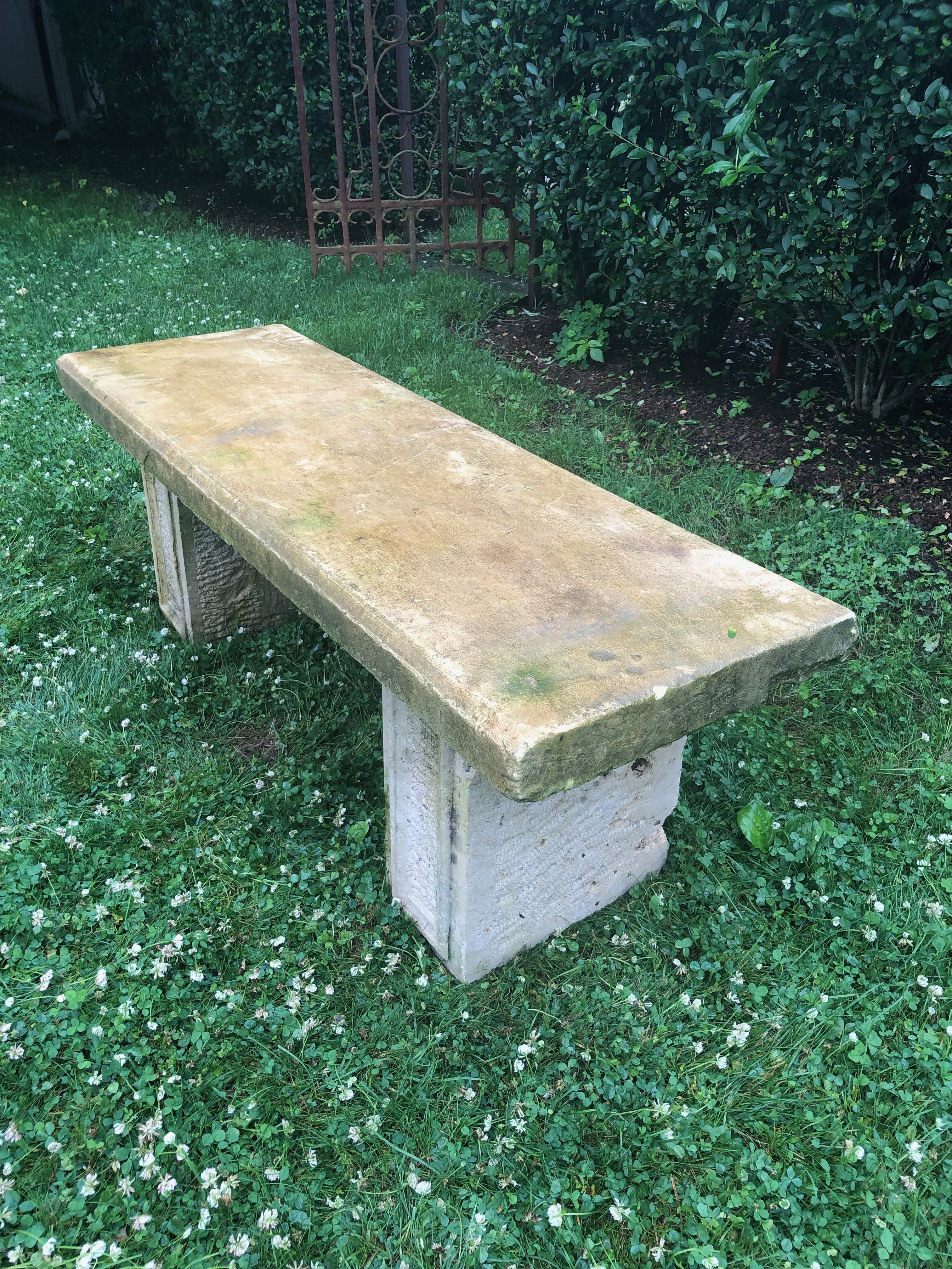 Neoclassical Revival Antique French Hand-Carved Limestone Bench with Simple Supports