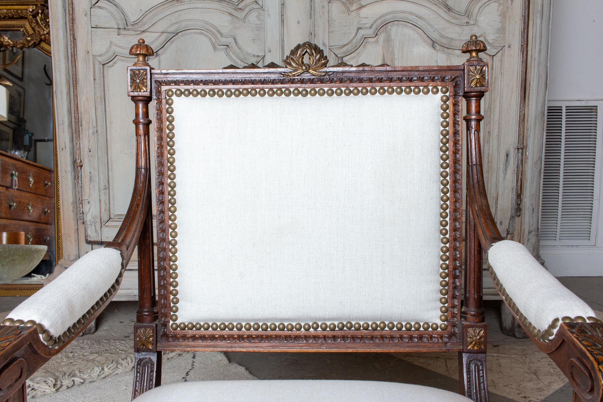 Antique French Hand-Carved Louis XVI Armchairs with Gilt Details in Linen 10
