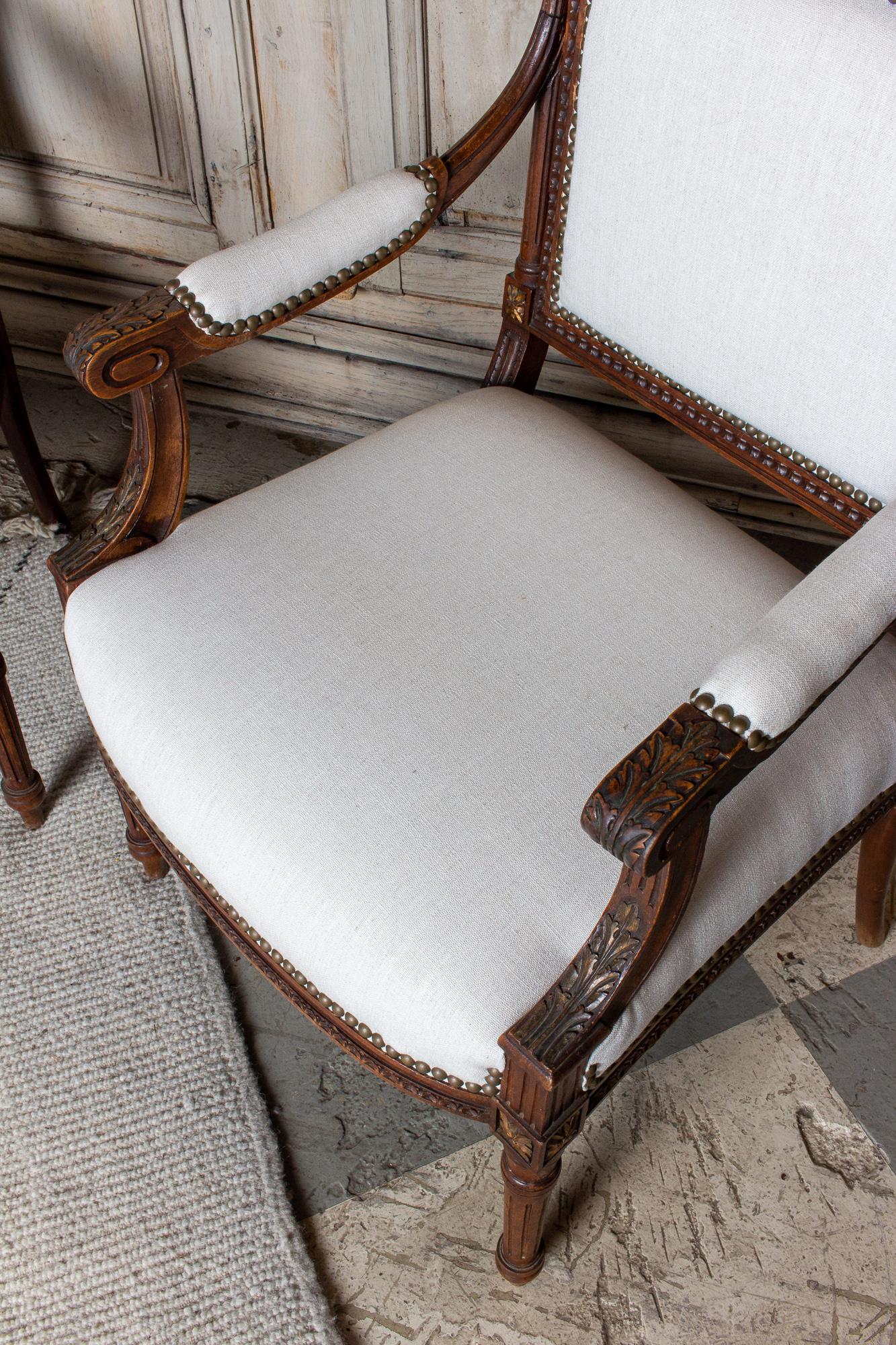 Antique French Hand-Carved Louis XVI Armchairs with Gilt Details in Linen 11