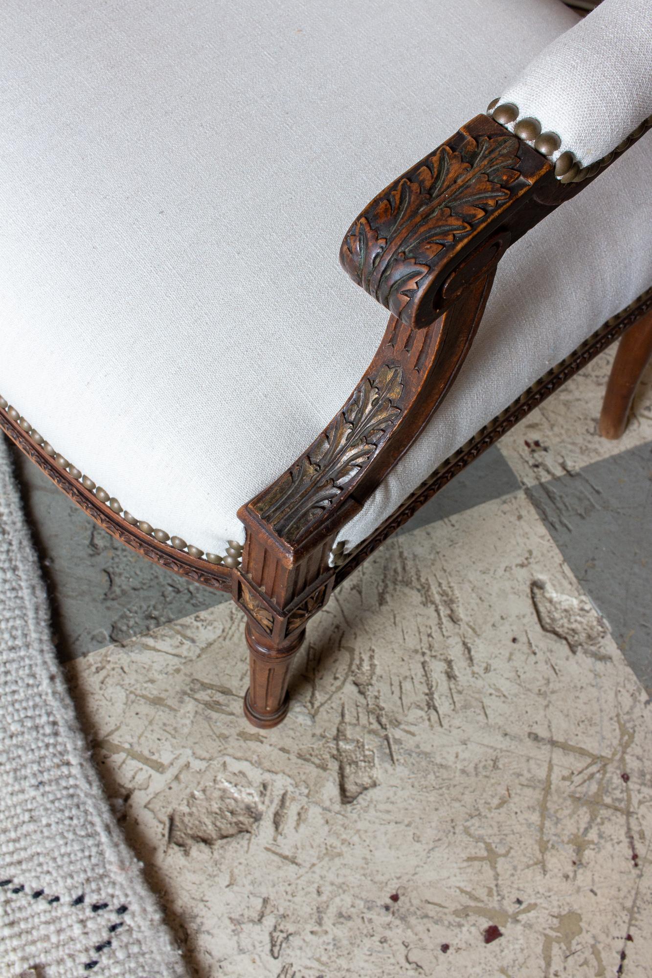 Antique French Hand-Carved Louis XVI Armchairs with Gilt Details in Linen 14
