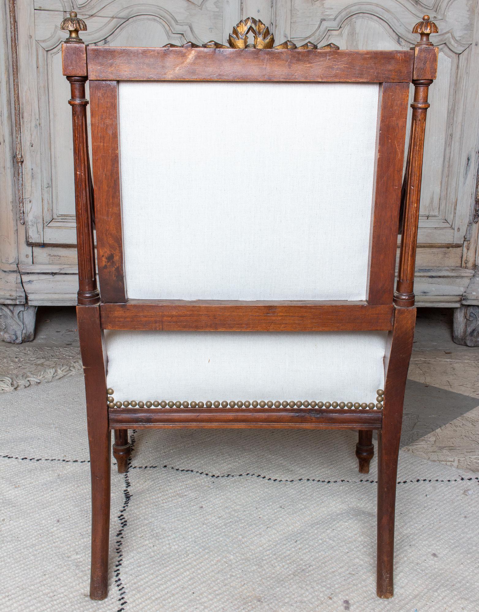 Mahogany Antique French Hand-Carved Louis XVI Armchairs with Gilt Details in Linen
