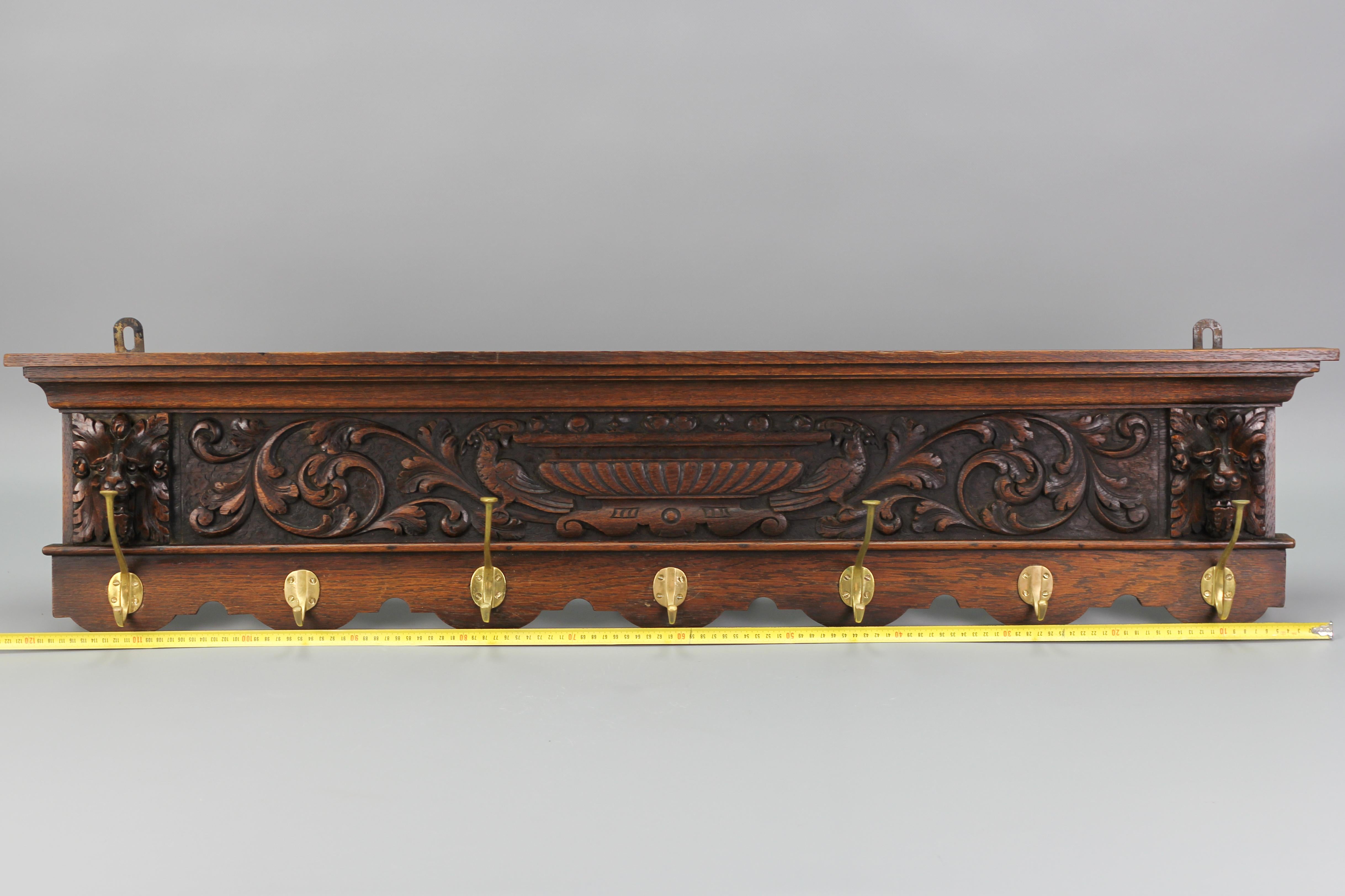 Antique French Hand-Carved Oak and Brass Wall Coat Rack with Lion Heads, 1900s For Sale 3