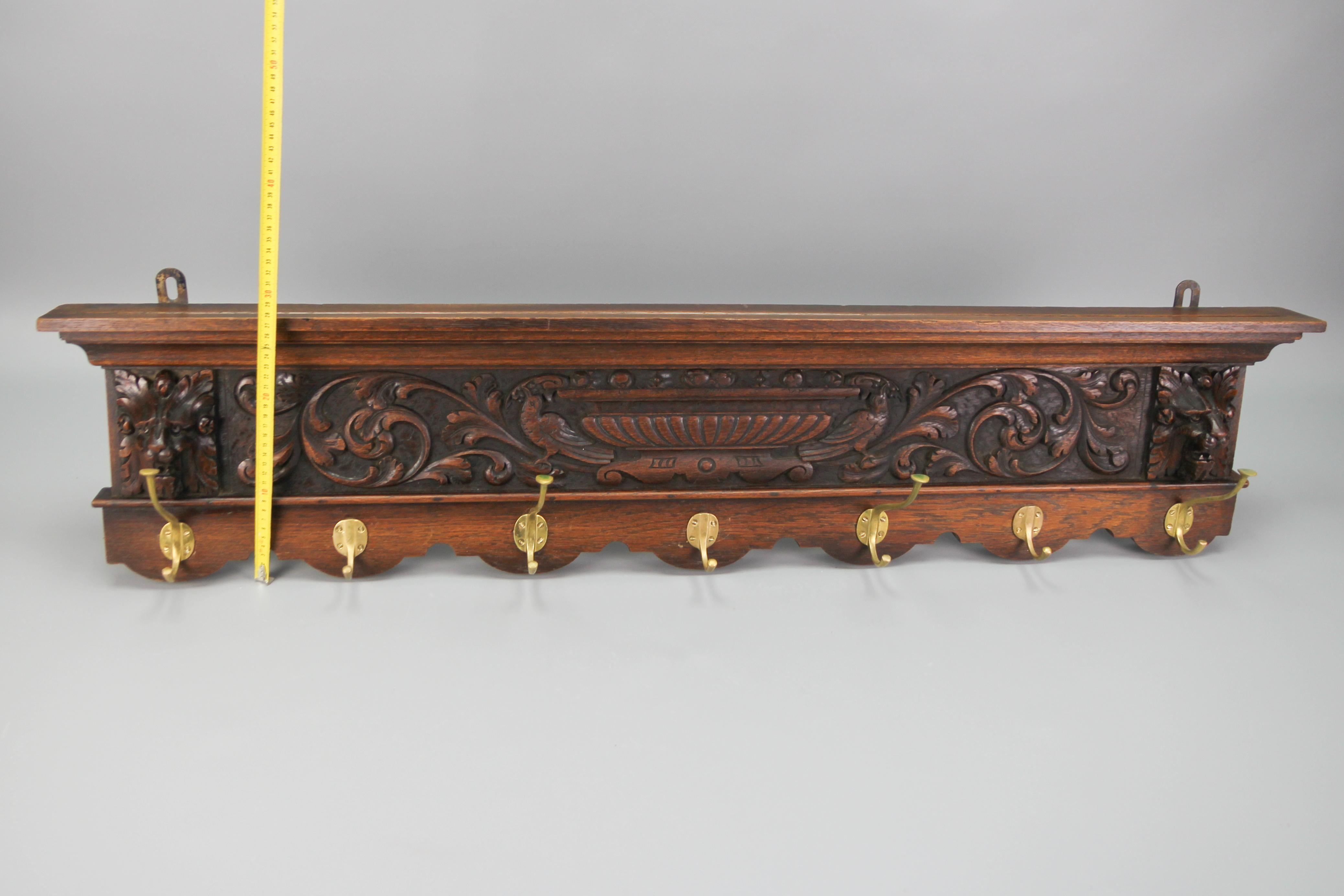 Antique French Hand-Carved Oak and Brass Wall Coat Rack with Lion Heads, 1900s For Sale 4