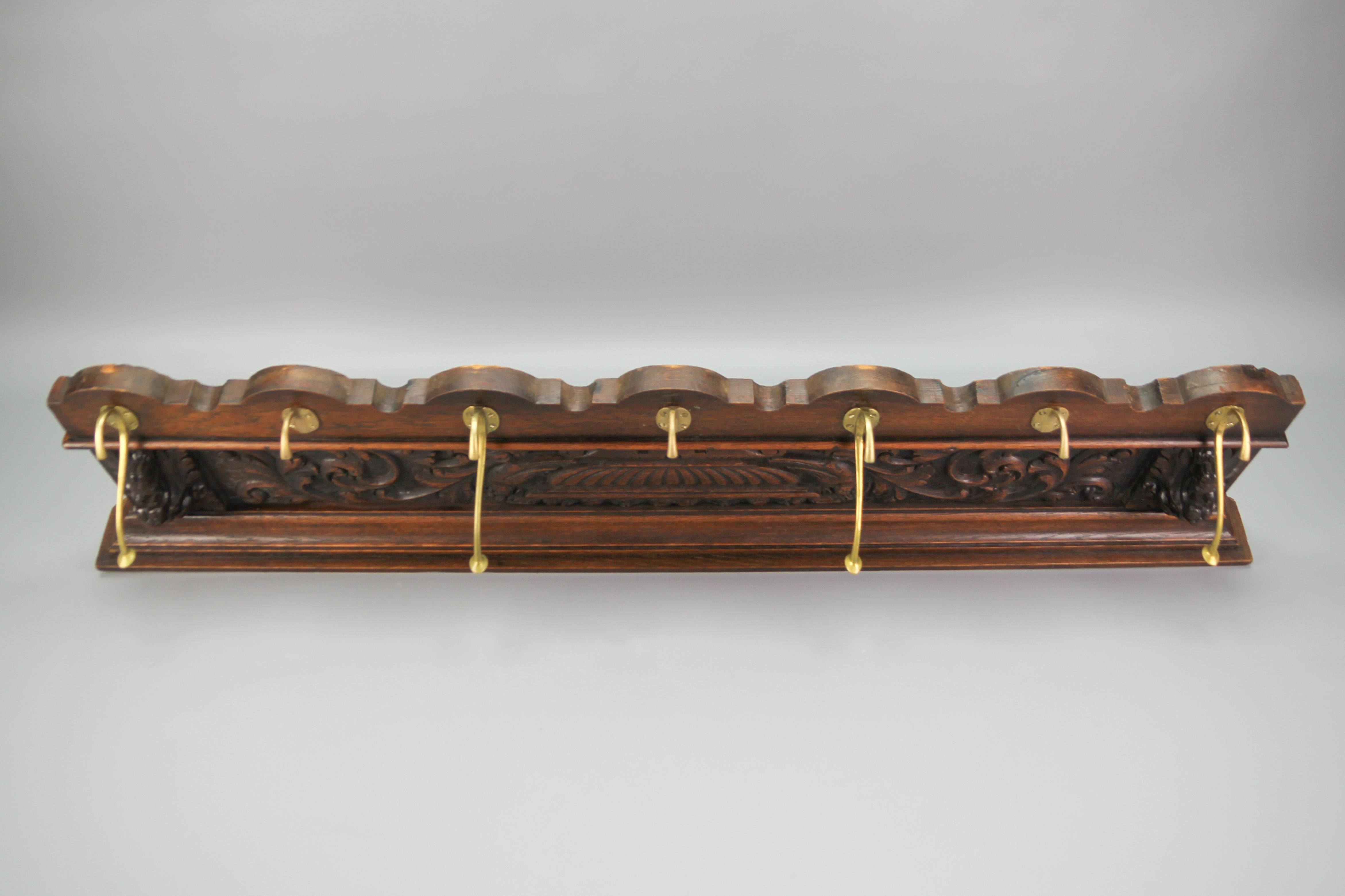 Antique French Hand-Carved Oak and Brass Wall Coat Rack with Lion Heads, 1900s For Sale 7