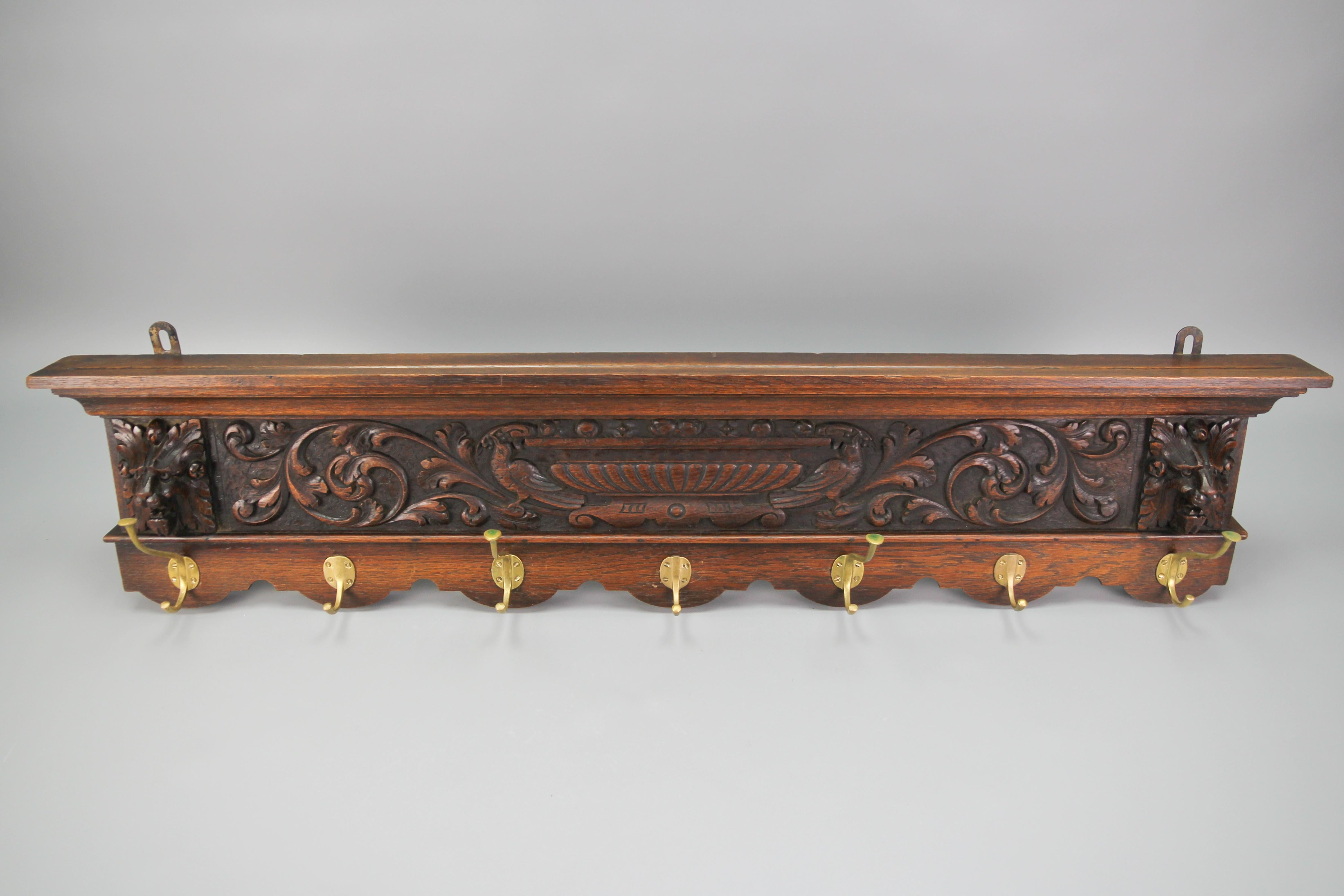 Antique French Hand-Carved Oak and Brass Wall Coat Rack with Lion Heads, 1900s For Sale 12