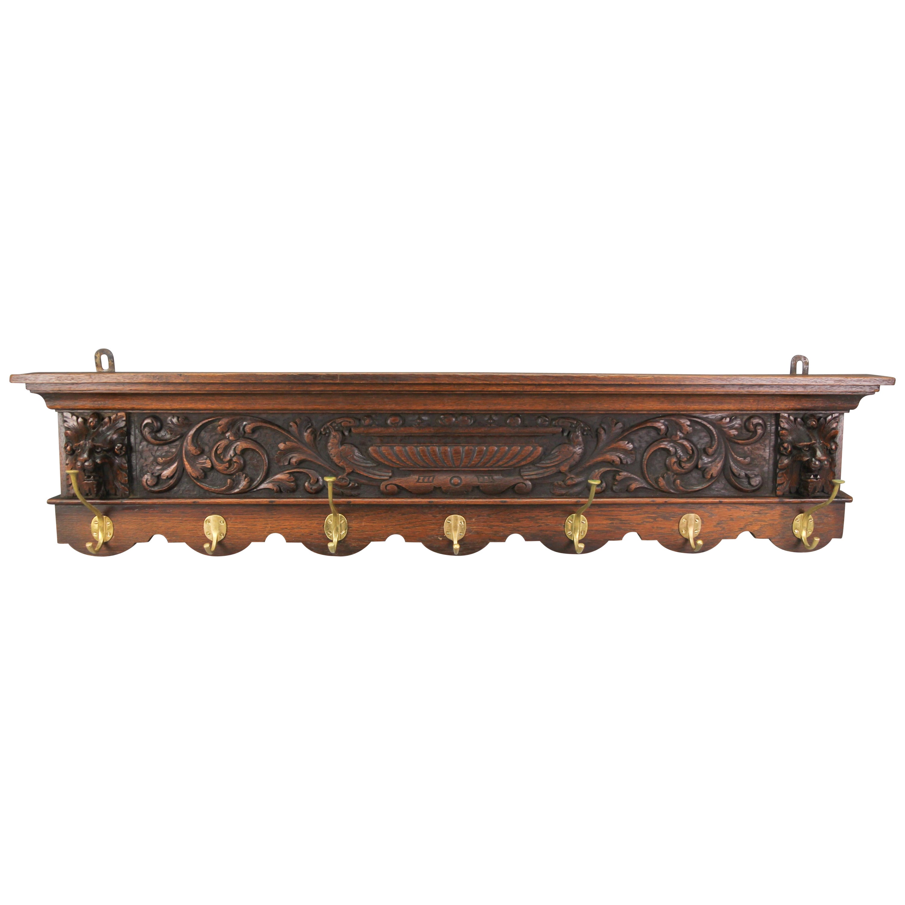 Antiker französischer handgeschnitzter Wand Garderobenständer aus Eiche und Messing mit Löwenköpfen, 1900er Jahre