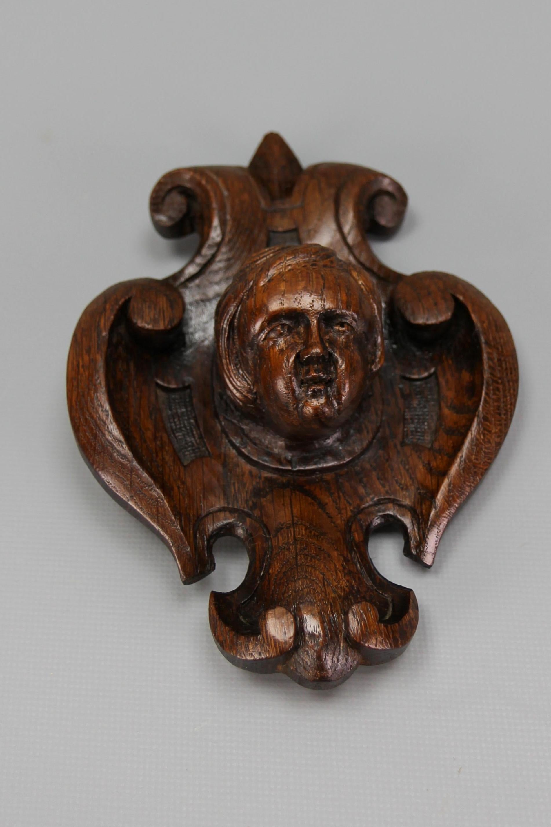 Antique French hand-carved oak wood wall plaque with cherub's head, ca. 1900.
An adorable Baroque-style hand-carved dark brown oak wood wall plaque or wall decoration depicting a head of cherub.
In good and age-appropriate condition with slight
