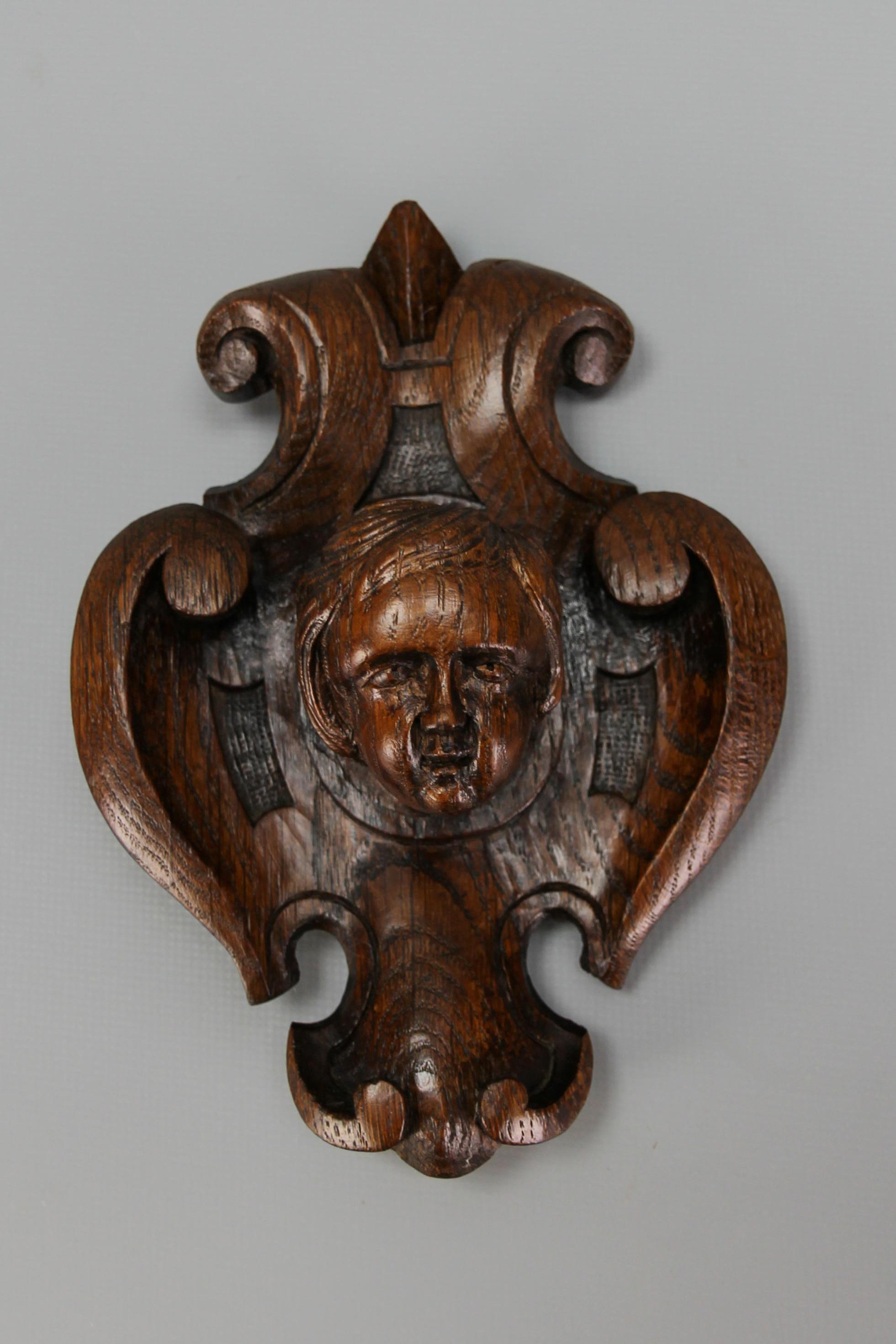 Baroque Antique French Hand-Carved Oak Wood Wall Plaque with Cherub's Head, ca. 1900 For Sale