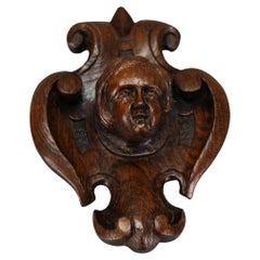 Vintage French Hand-Carved Oak Wood Wall Plaque with Cherub's Head, ca. 1900