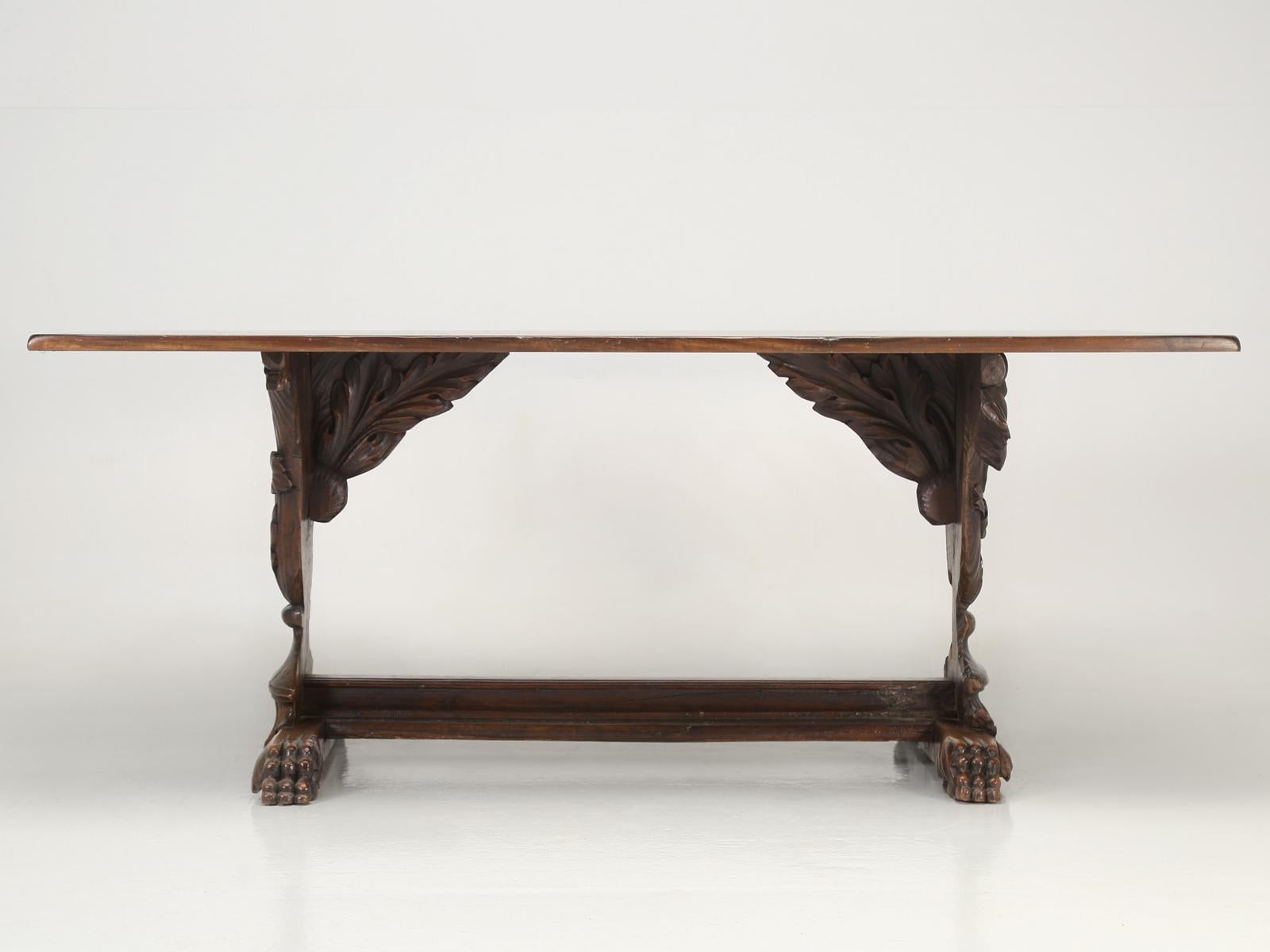 Antique French Hand Carved Solid Walnut Trestle Dining Table Restored in House For Sale 7