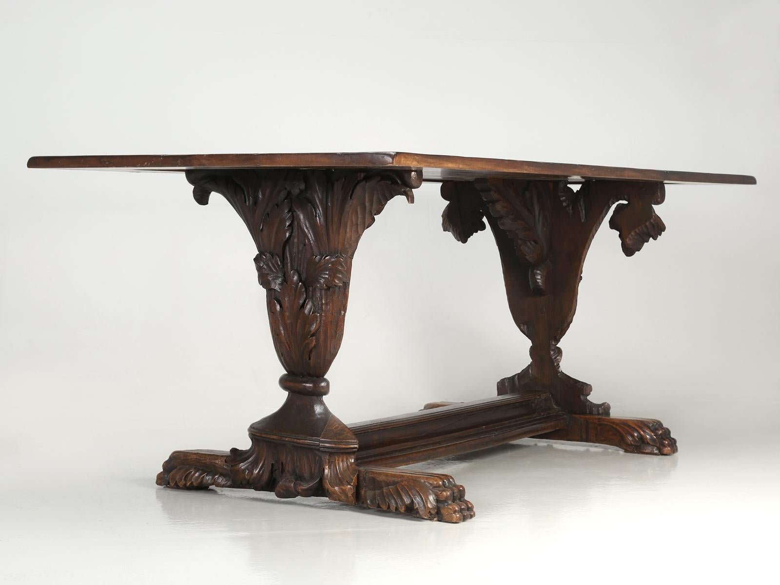 Antique French Hand Carved Solid Walnut Trestle Dining Table Restored in House For Sale 9