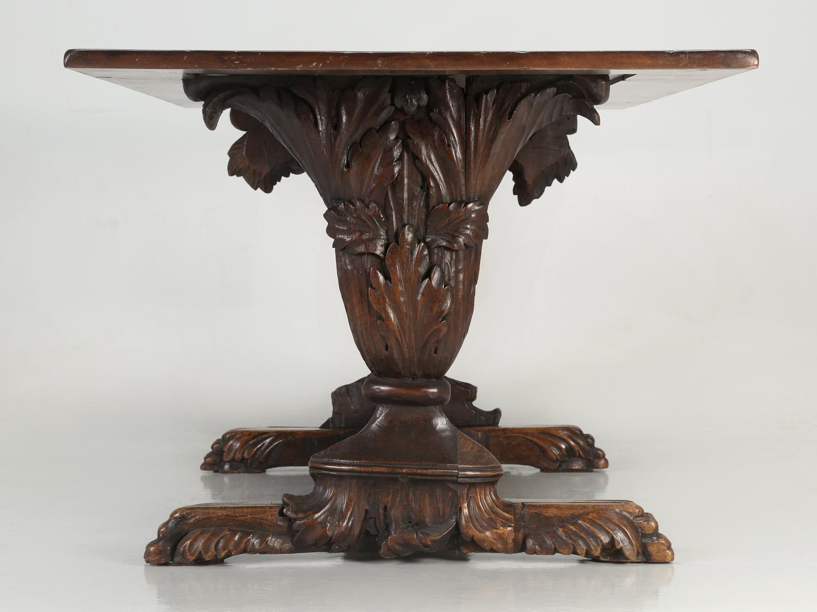 Antique French Hand Carved Solid Walnut Trestle Dining Table Restored in House For Sale 11