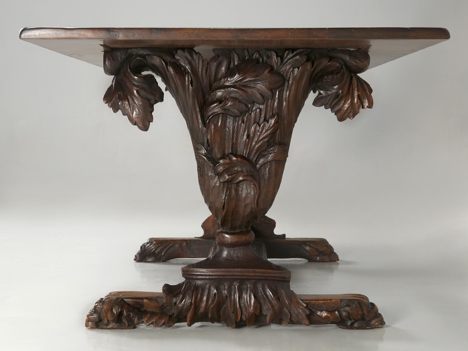 Hand-Carved Antique French Hand Carved Solid Walnut Trestle Dining Table Restored in House For Sale