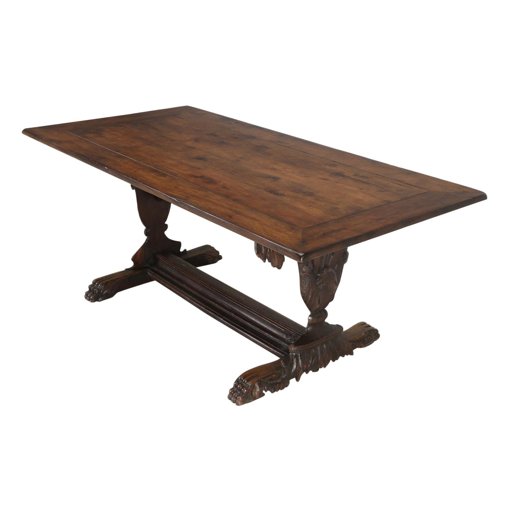 Antique French Hand Carved Solid Walnut Trestle Dining Table Restored in House