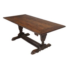 Used French Hand Carved Solid Walnut Trestle Dining Table Restored in House