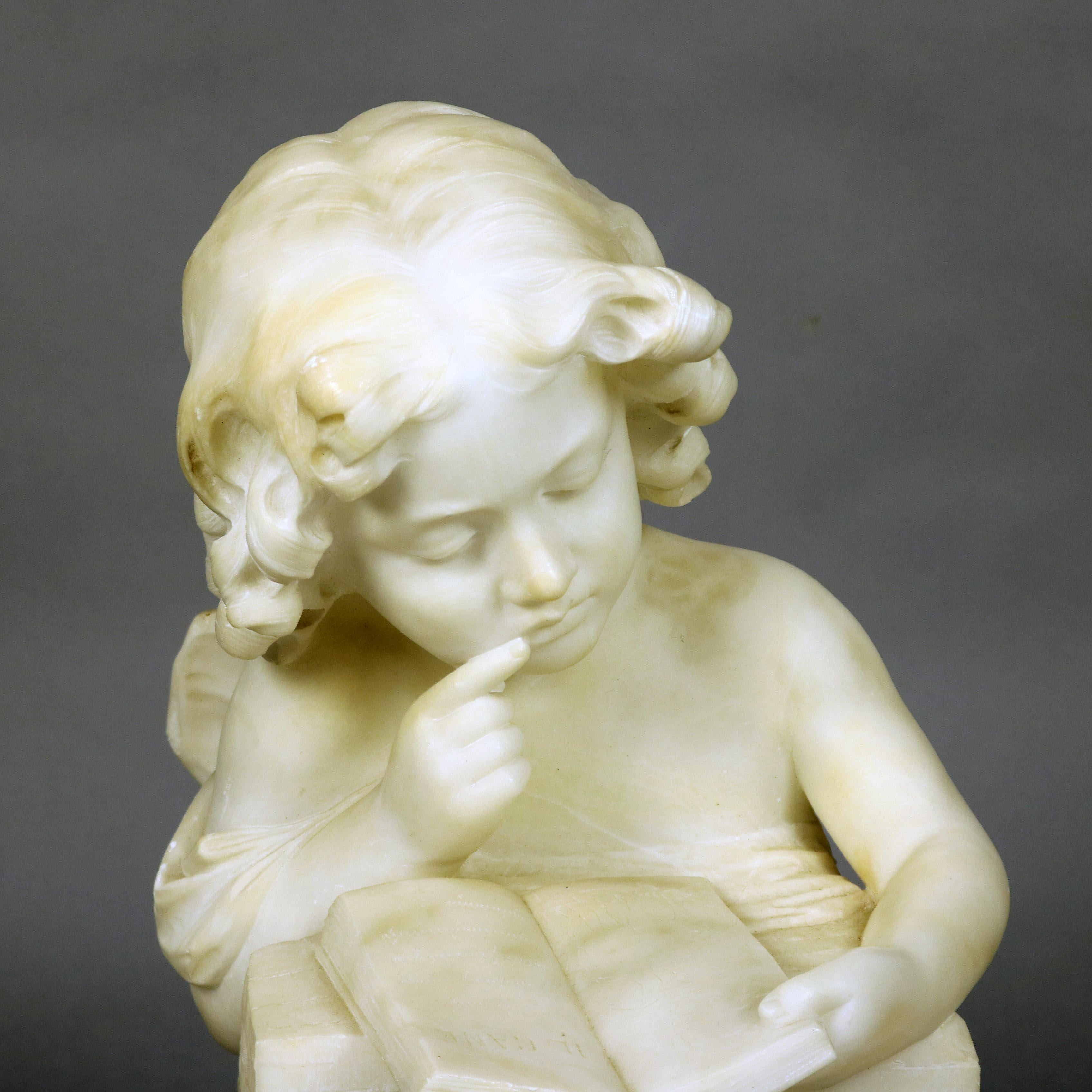 An antique French Volterra Alabaster portrait sculpture depicts young girl with book, raised on circular plinth, en verso artist signed as photographed, circa 1890

Measures: 18.5