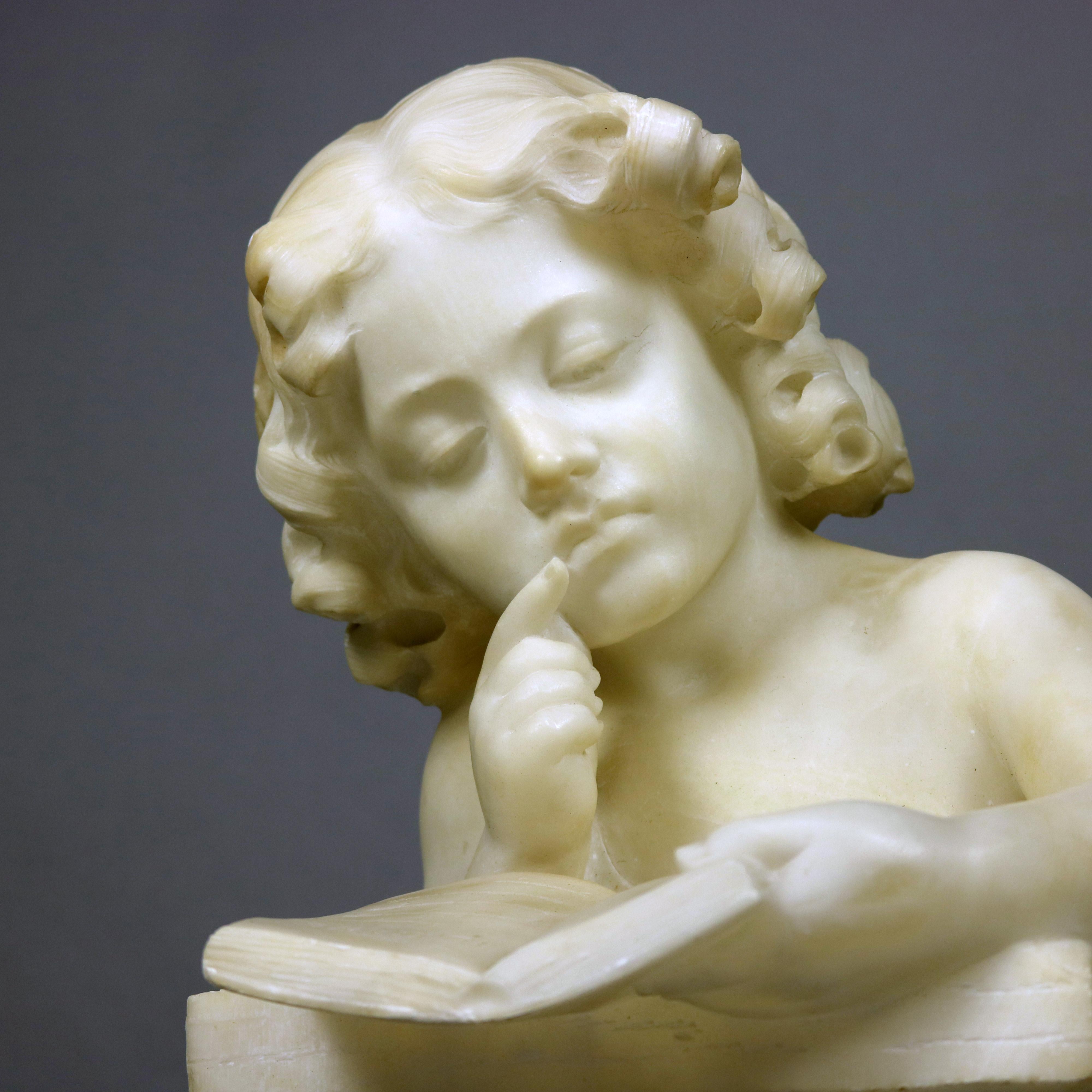 Renaissance French Hand Carved Volterra Alabaster Portrait Sculpture Signed, circa 1890