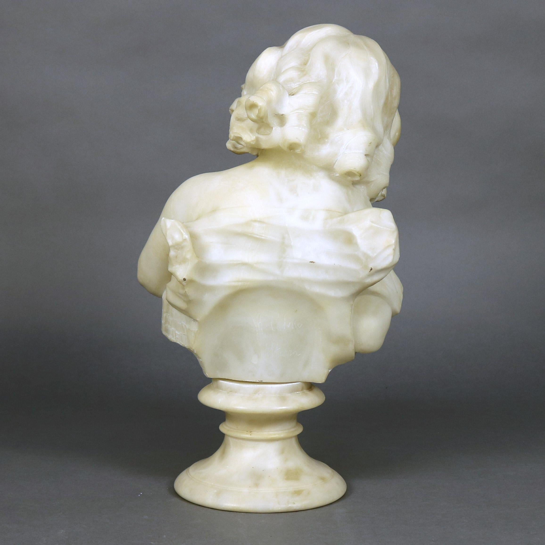 French Hand Carved Volterra Alabaster Portrait Sculpture Signed, circa 1890 In Good Condition In Big Flats, NY