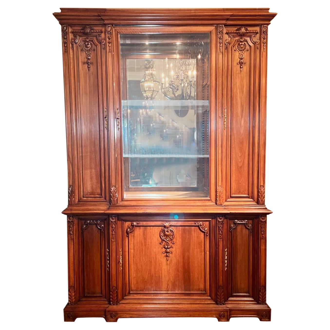 Antique French Hand-Carved Walnut Display Cabinet, Circa 1890-1910
