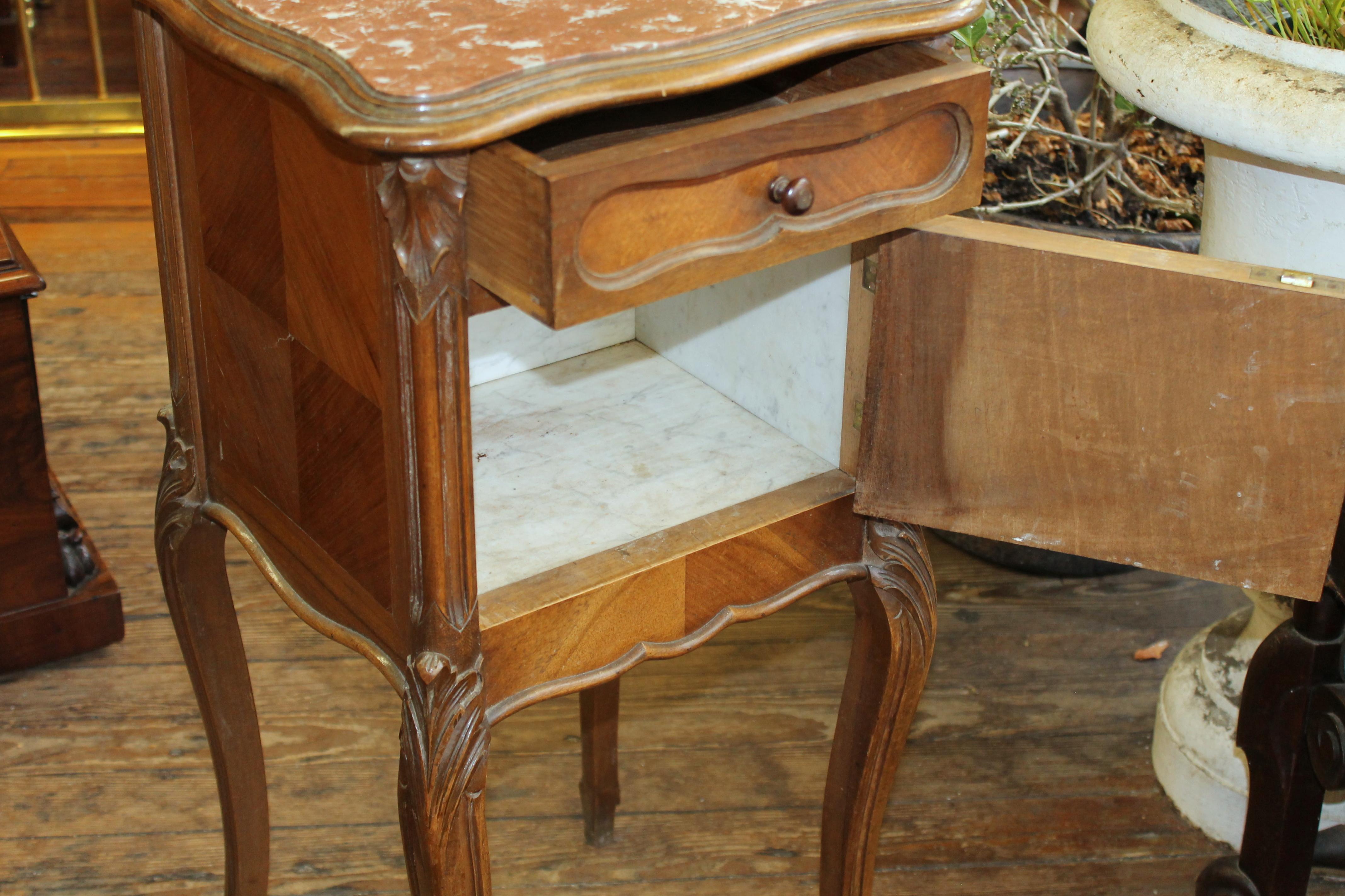 19th Century Antique French Hand-Carved Walnut Louis XV Style Marble-Top Bedside Table