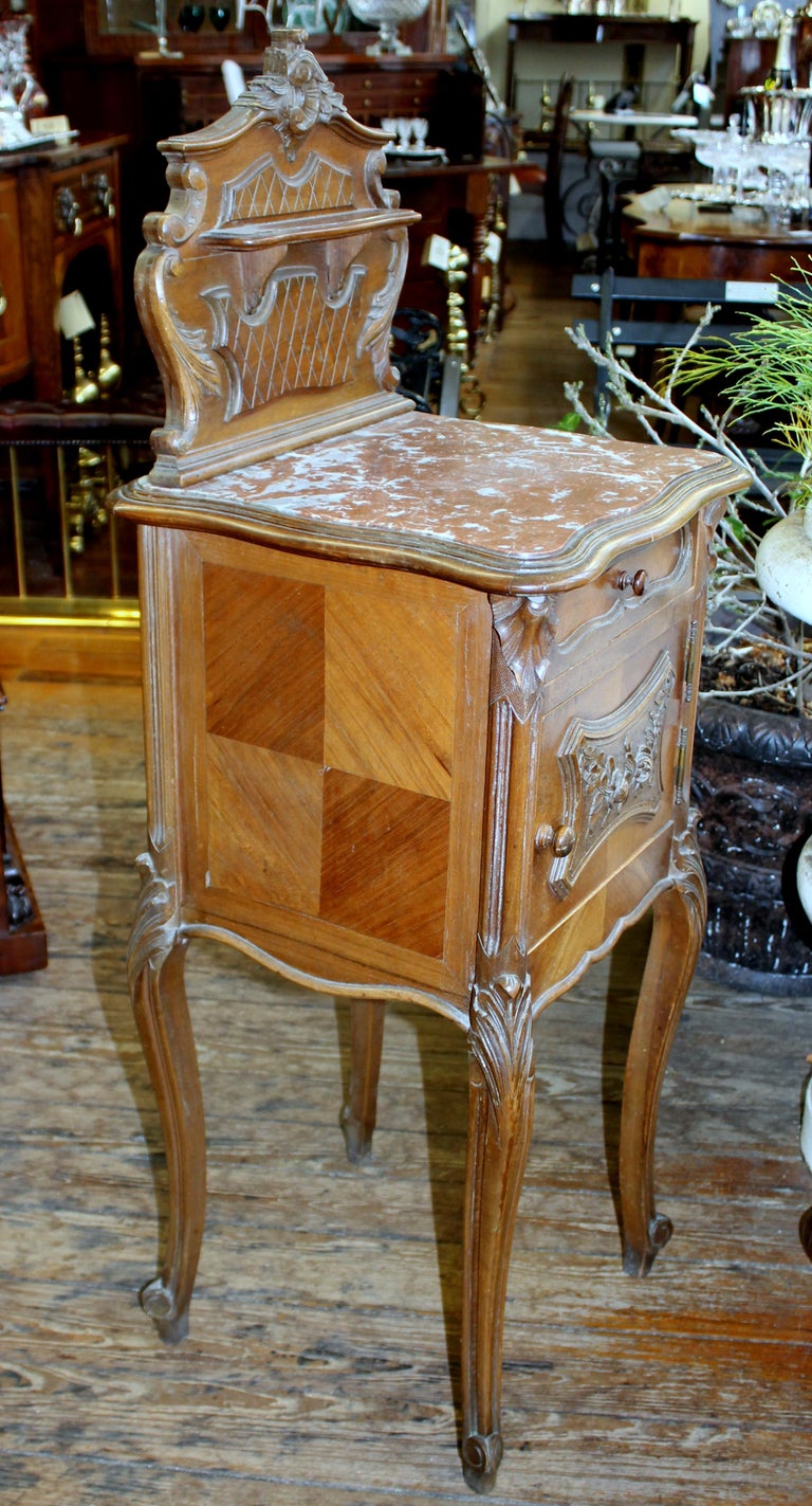 Antique French HandCarved Walnut Louis XV Style MarbleTop Bedside