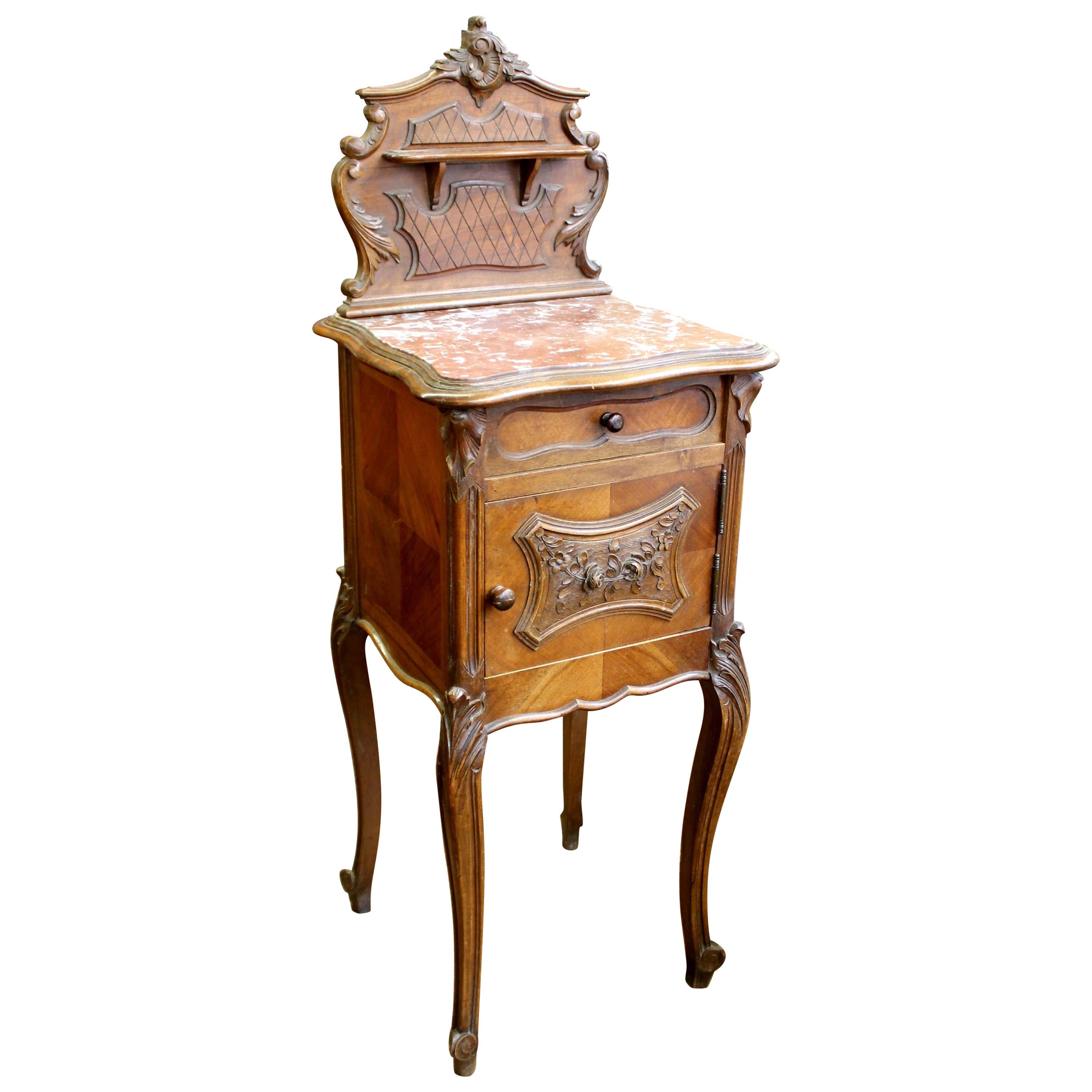 Antique French Hand-Carved Walnut Louis XV Style Marble-Top Bedside Table For Sale