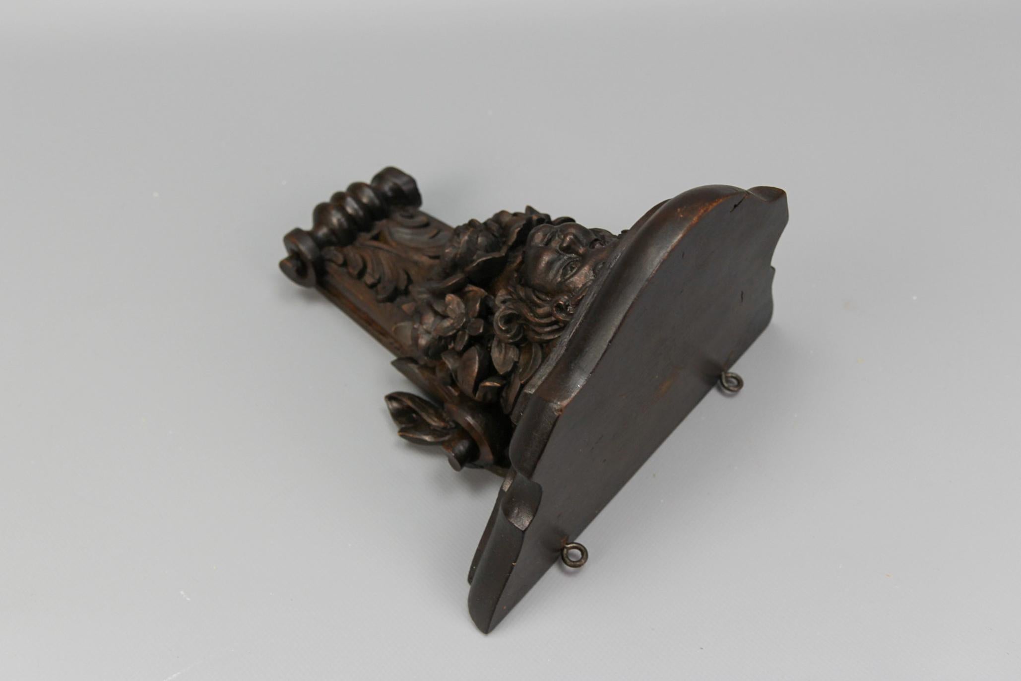 Antique French Hand Carved Wood Wall Bracket Shelf with Flowers and Face For Sale 7