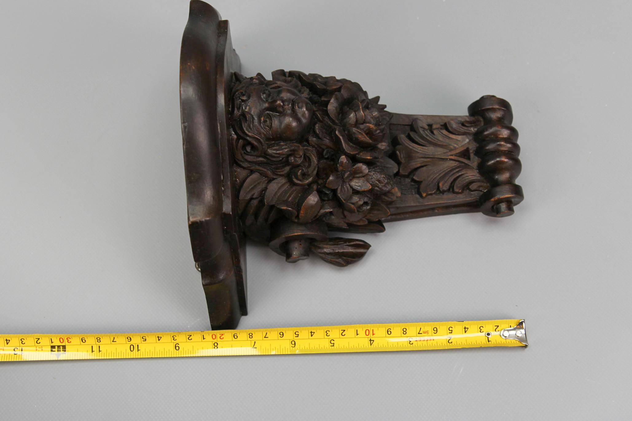 Antique French Hand Carved Wood Wall Bracket Shelf with Flowers and Face For Sale 13