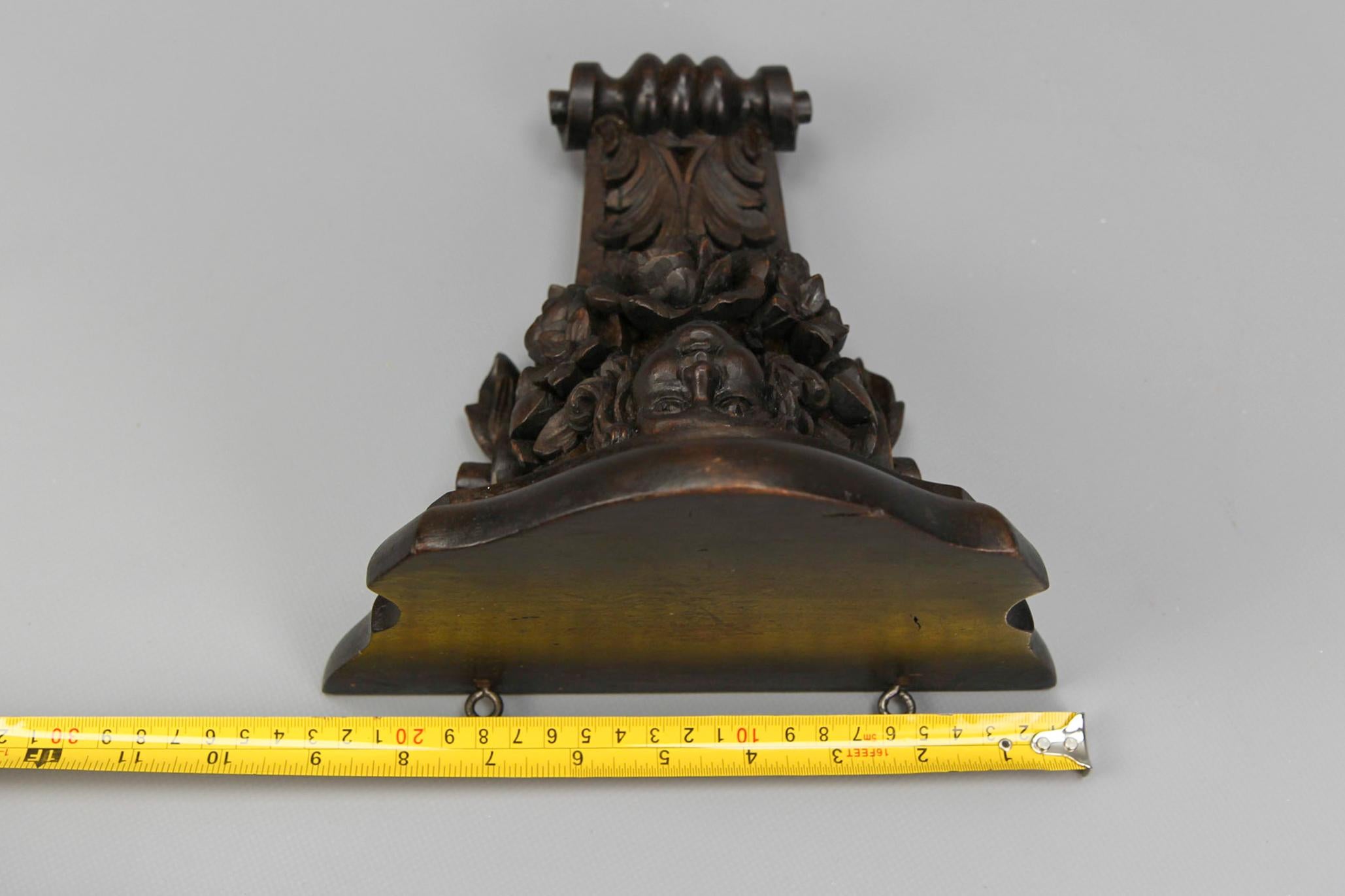 Antique French Hand Carved Wood Wall Bracket Shelf with Flowers and Face For Sale 14