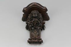 Antique French Hand Carved Wood Wall Bracket Shelf with Flowers and Face
