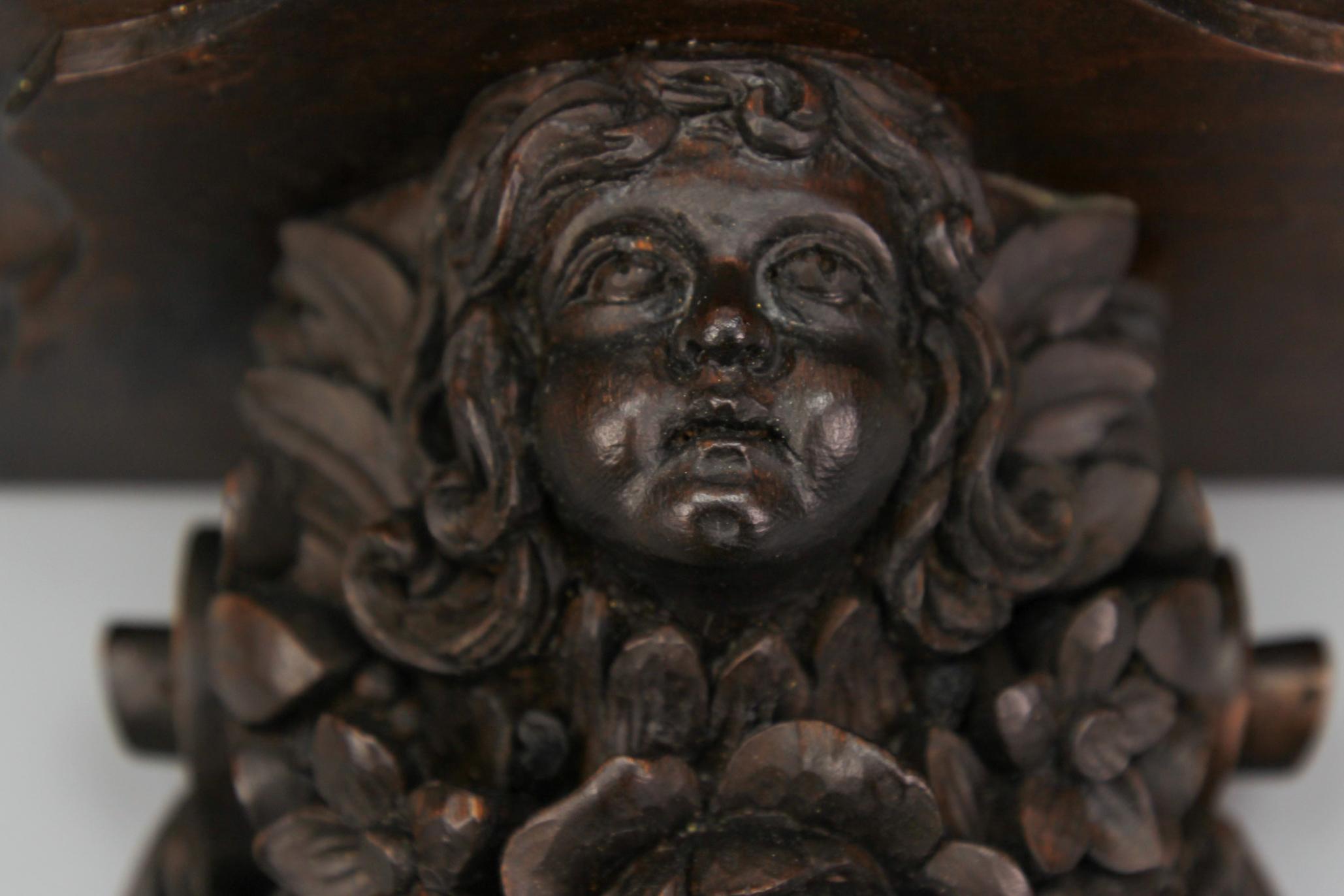 Renaissance Revival Antique French Hand Carved Wood Wall Bracket Shelf with Flowers and Face For Sale