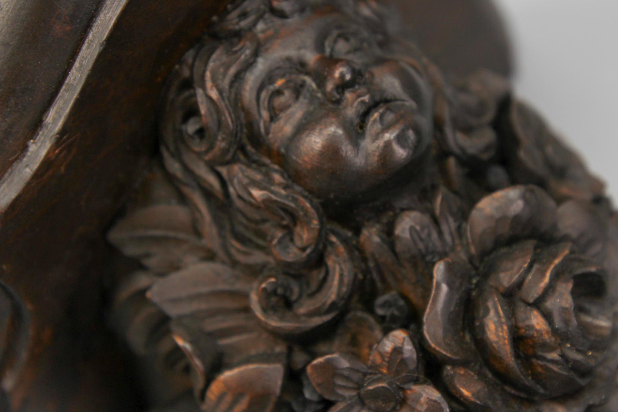 20th Century Antique French Hand Carved Wood Wall Bracket Shelf with Flowers and Face For Sale