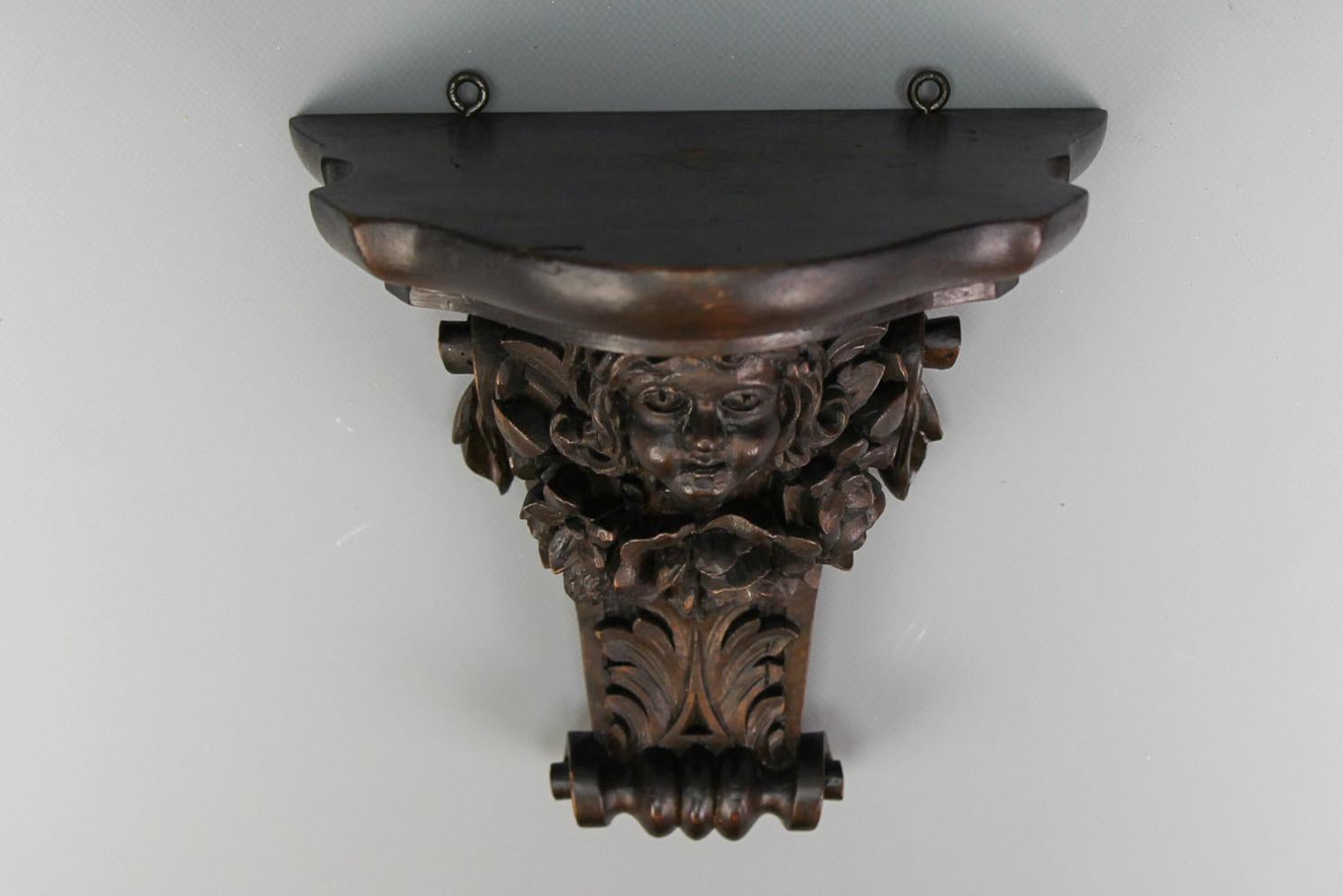 Antique French Hand Carved Wood Wall Bracket Shelf with Flowers and Face For Sale 2