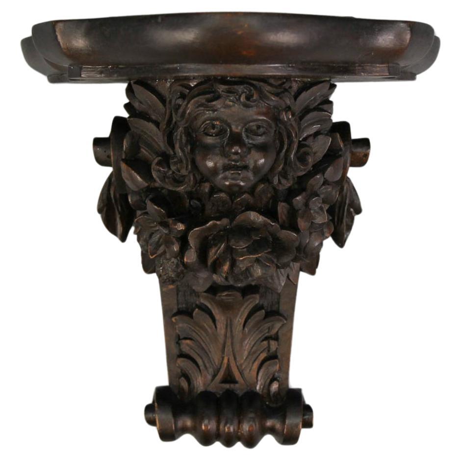 Antique French Hand Carved Wood Wall Bracket Shelf with Flowers and Face