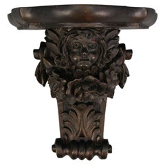 Antique French Hand Carved Wood Wall Bracket Shelf with Flowers and Face