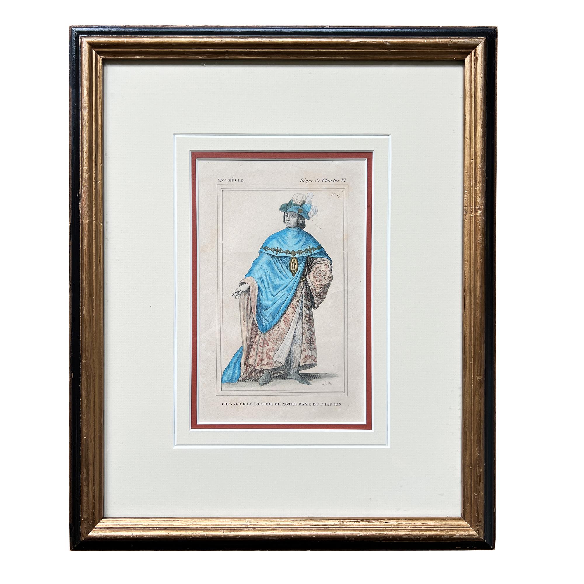 Antique French lithograph depicting a Chevalier de l’Ordre de Notre-Dame du Chardon (Knight of the Order of Our Lady of the Thistle) from the Règne de Charles VI (Reign of Charles VI), France, 15th century. This exquisite hand-colored engraving