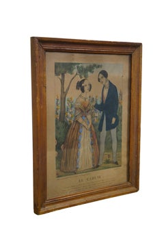 Antique French Hand Colored Lithograph 'Le Cadeau' Romance Courting Scene Framed