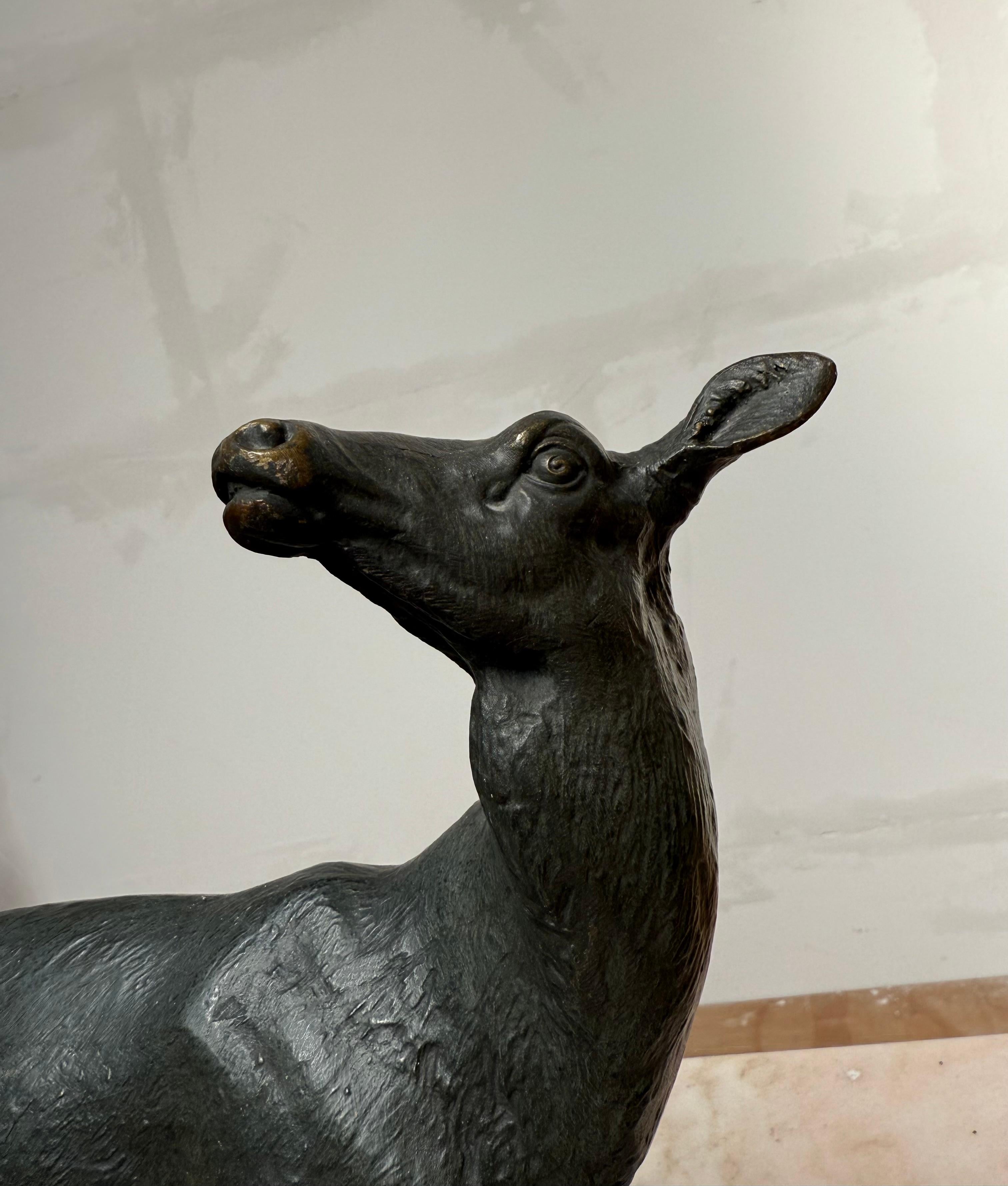 Antique French Gruppo cervo e cervo in metallo bronzato lavorato a mano, base in marmo, Masson in vendita 4