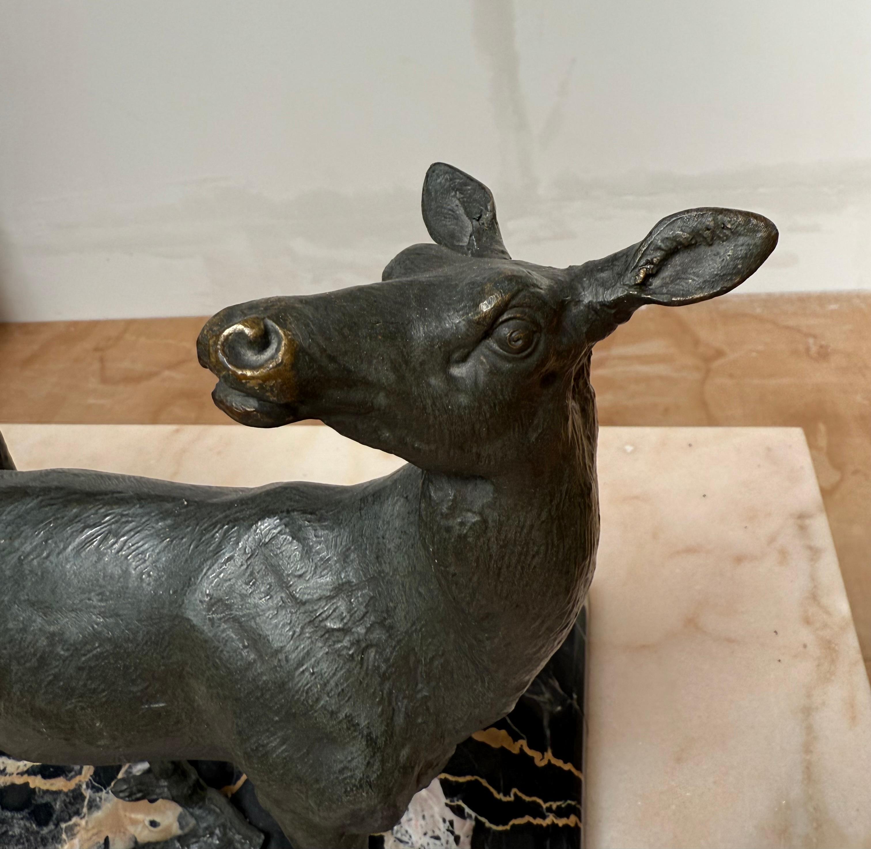 Antique French Gruppo cervo e cervo in metallo bronzato lavorato a mano, base in marmo, Masson in vendita 5