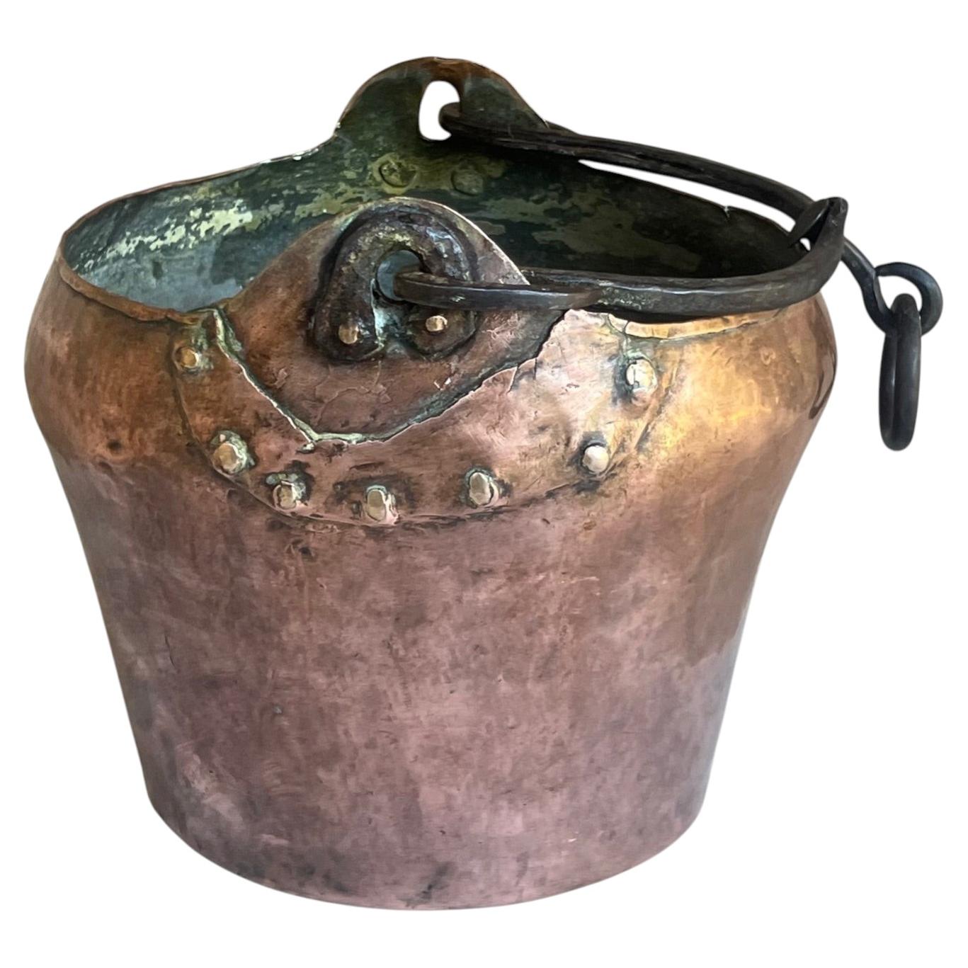 Antique French Hand Crafted Copper & Wrought Iron Cauldron