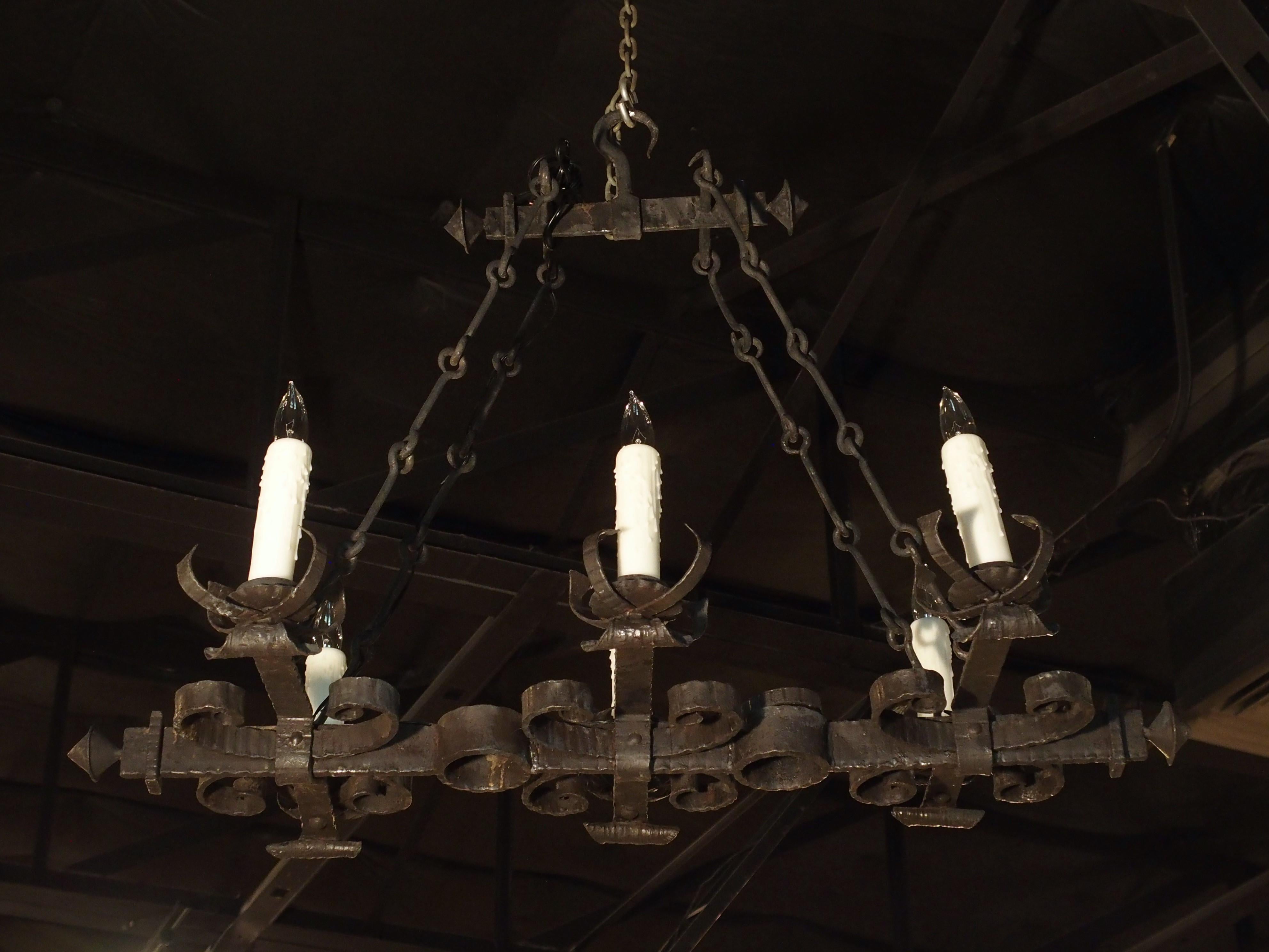 Antique French, Hand Forged, Six-Light Iron Chandelier 7