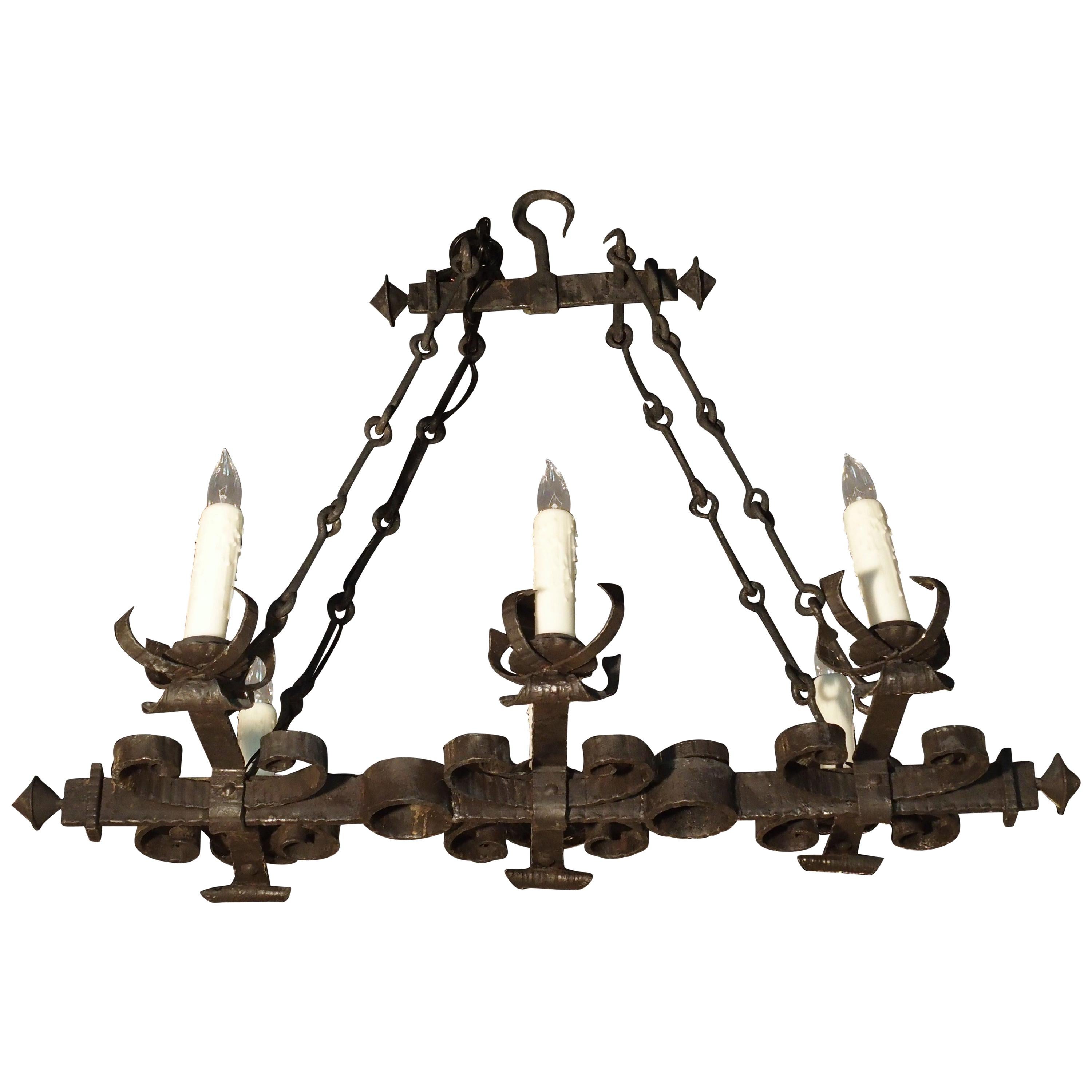 Antique French, Hand Forged, Six-Light Iron Chandelier